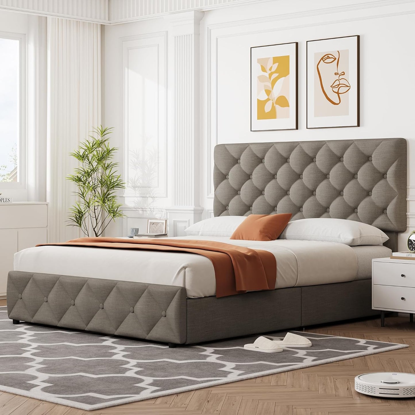 GARVEE Bed Frame with 4 Storage Drawers & Adjustable Headboard