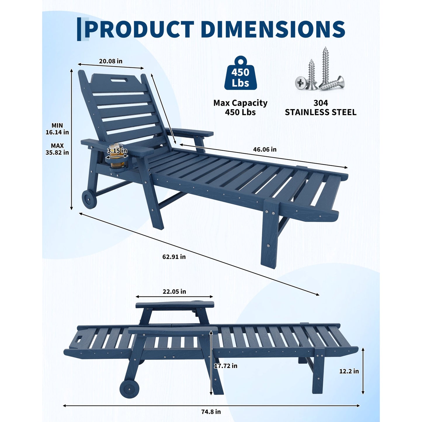 Garvee Outdoor Chaise Lounge 5 Position Adjustable with Rolling Wheels and Cup Holder