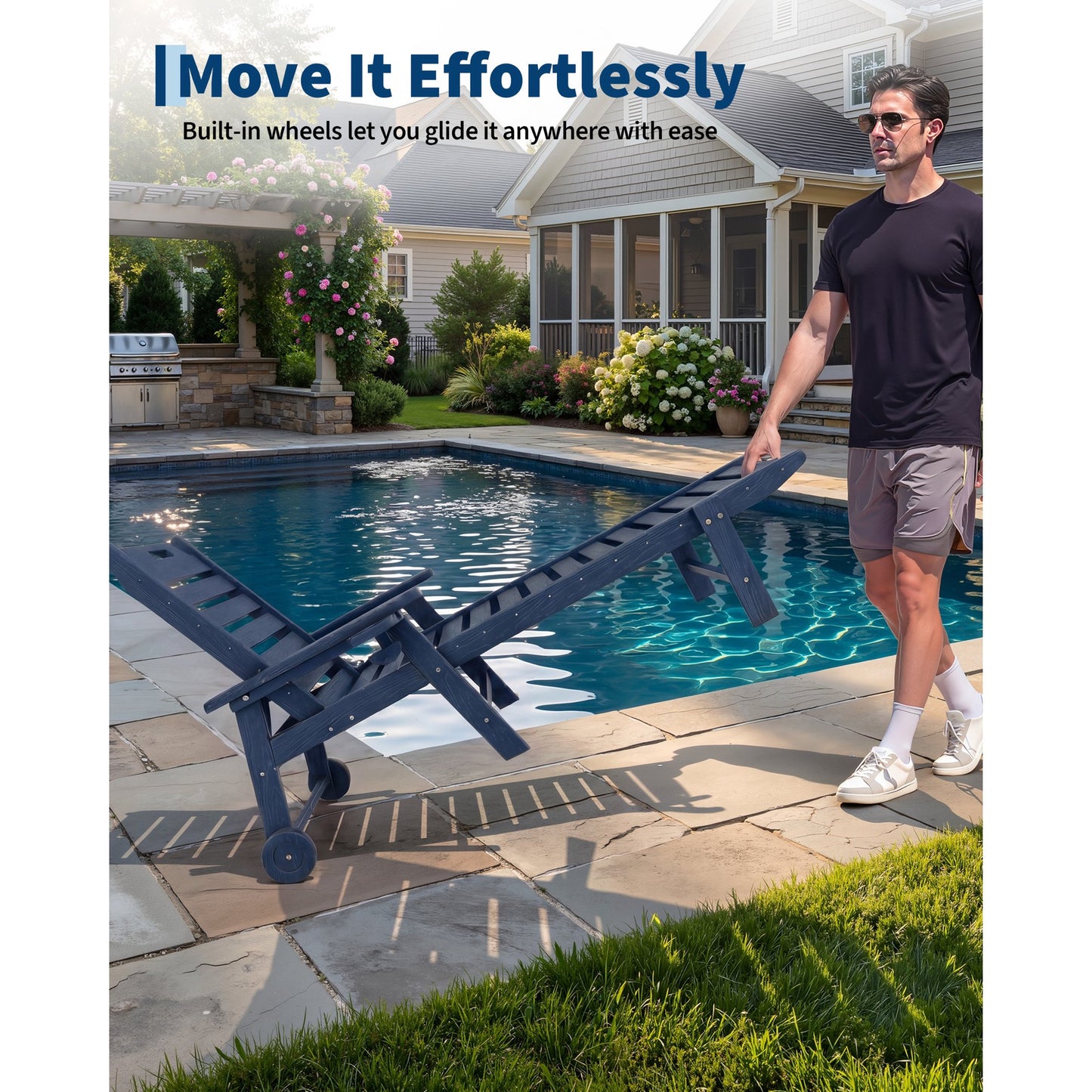 Garvee Outdoor Chaise Lounge 5 Position Adjustable with Rolling Wheels and Cup Holder