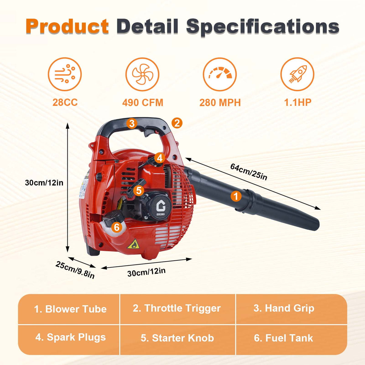 Riedhoff Handheld Gas Leaf Blower 28 CC, 1.1 HP, 490 CFM, 180 mph, for Lawn Care, Red