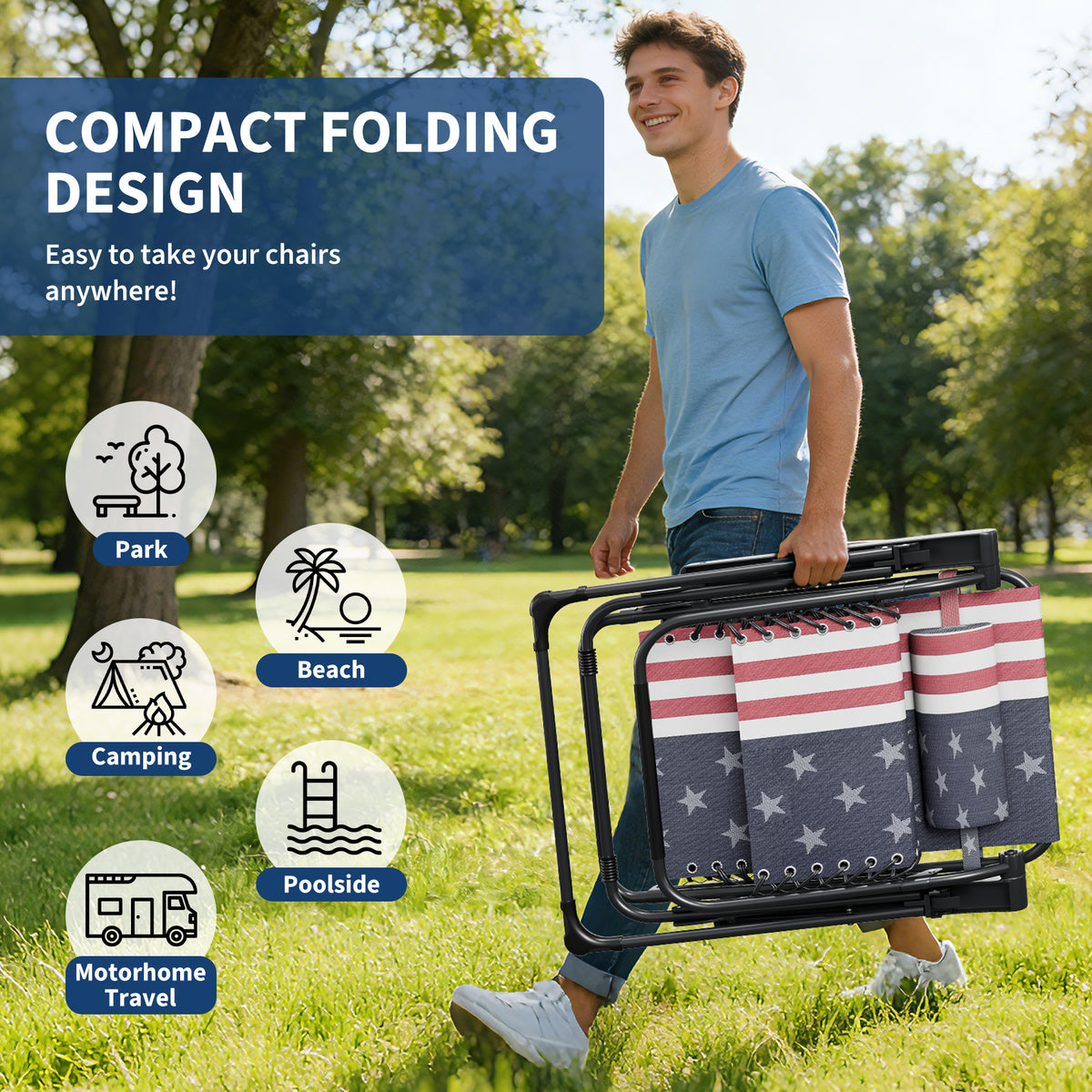 Riedhoff Weather-Resistant Zero-Gravity Chairs with Pillows & Cup Holder Trays -Set of 2, American Flag
