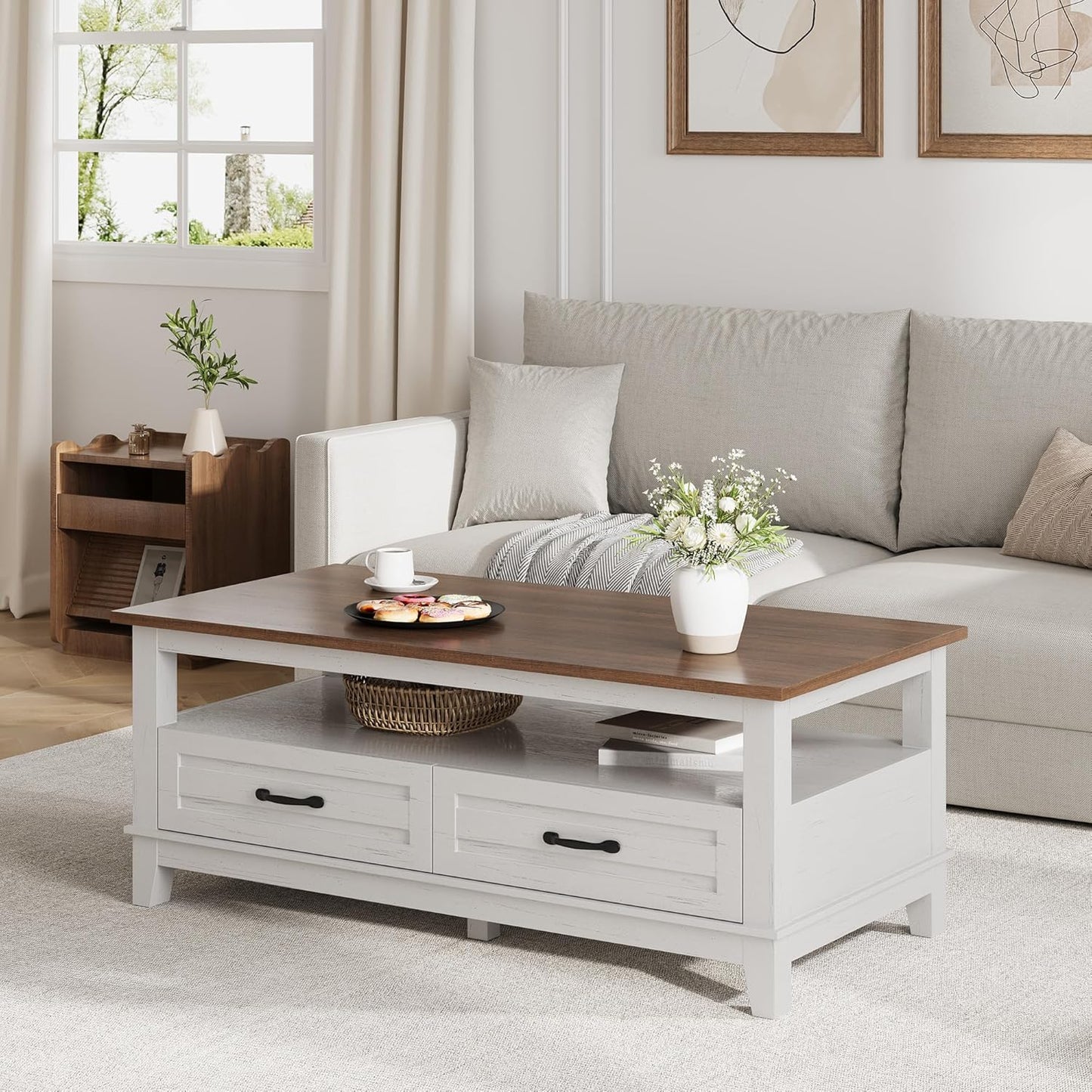 Garvee Farmhouse Coffee Table with 2 Drawers, 47.24 x 23.62 x 19", Open Shelf