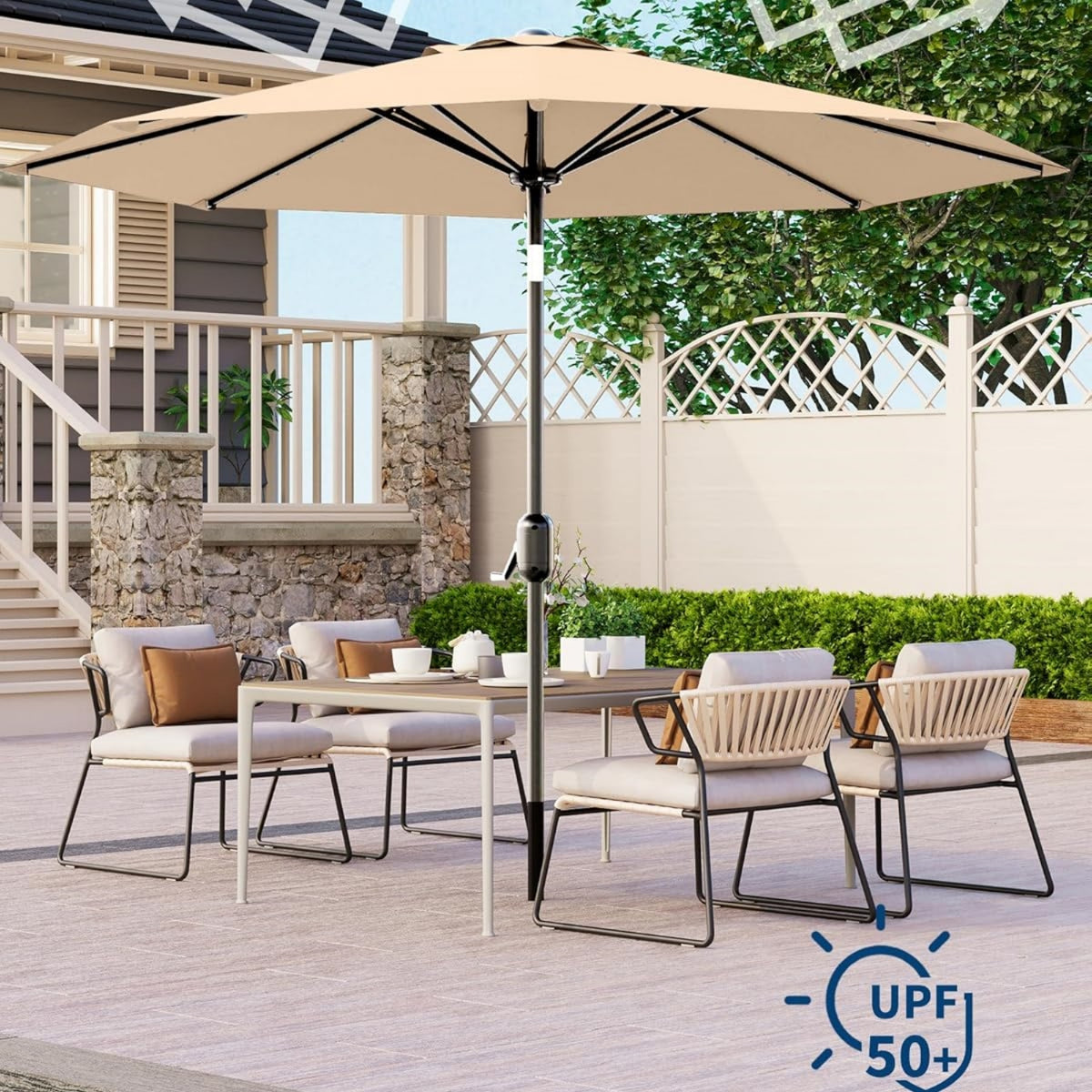 Riedhoff 9 feet Patio Umbrella with 32 LED Solar Lights, 8 Ribs, Tilt Crank
