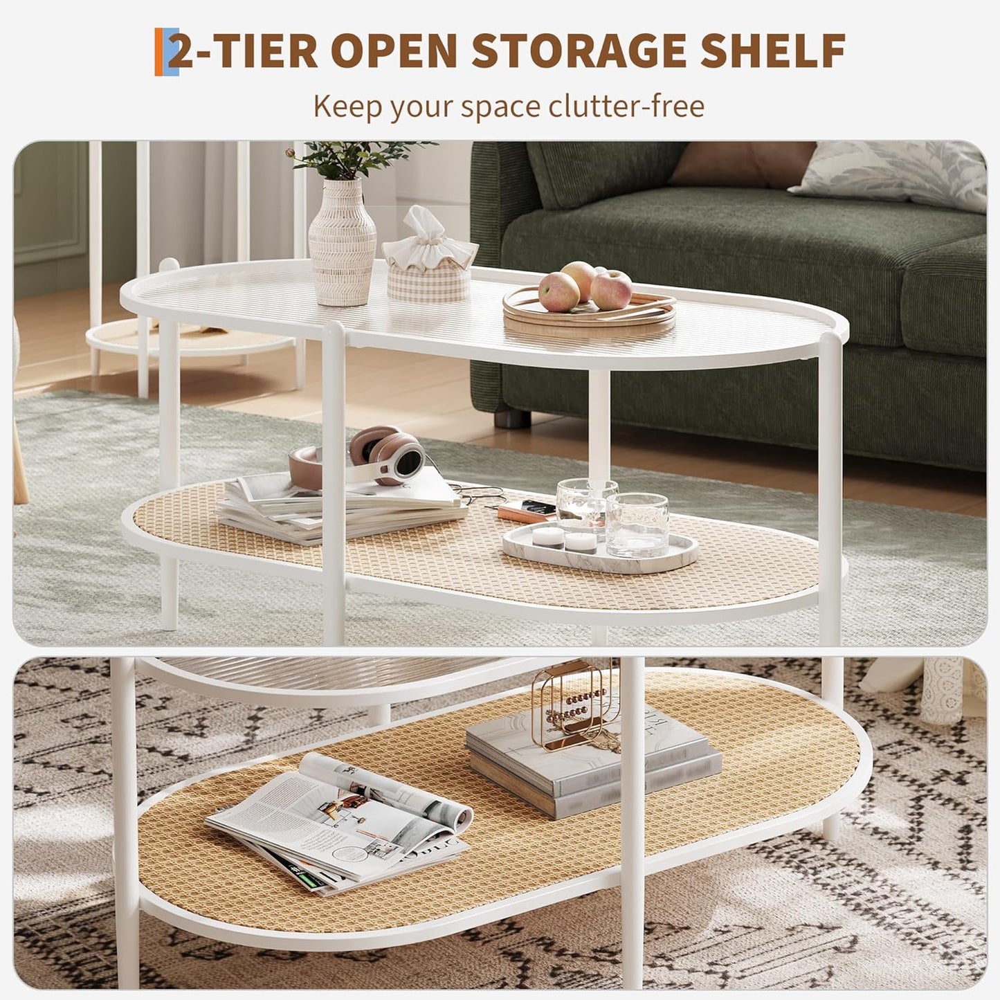 Garvee 2 Tier Oval Rattan Coffee Table 37.4 x 19.6 x 18.1", with Storage