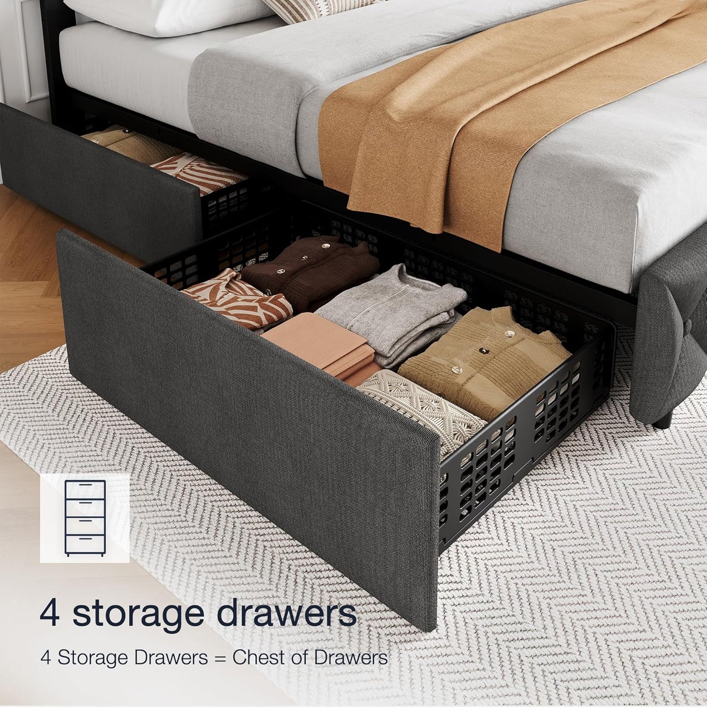 GARVEE Bed Frame with 4 Storage Drawers & Adjustable Headboard