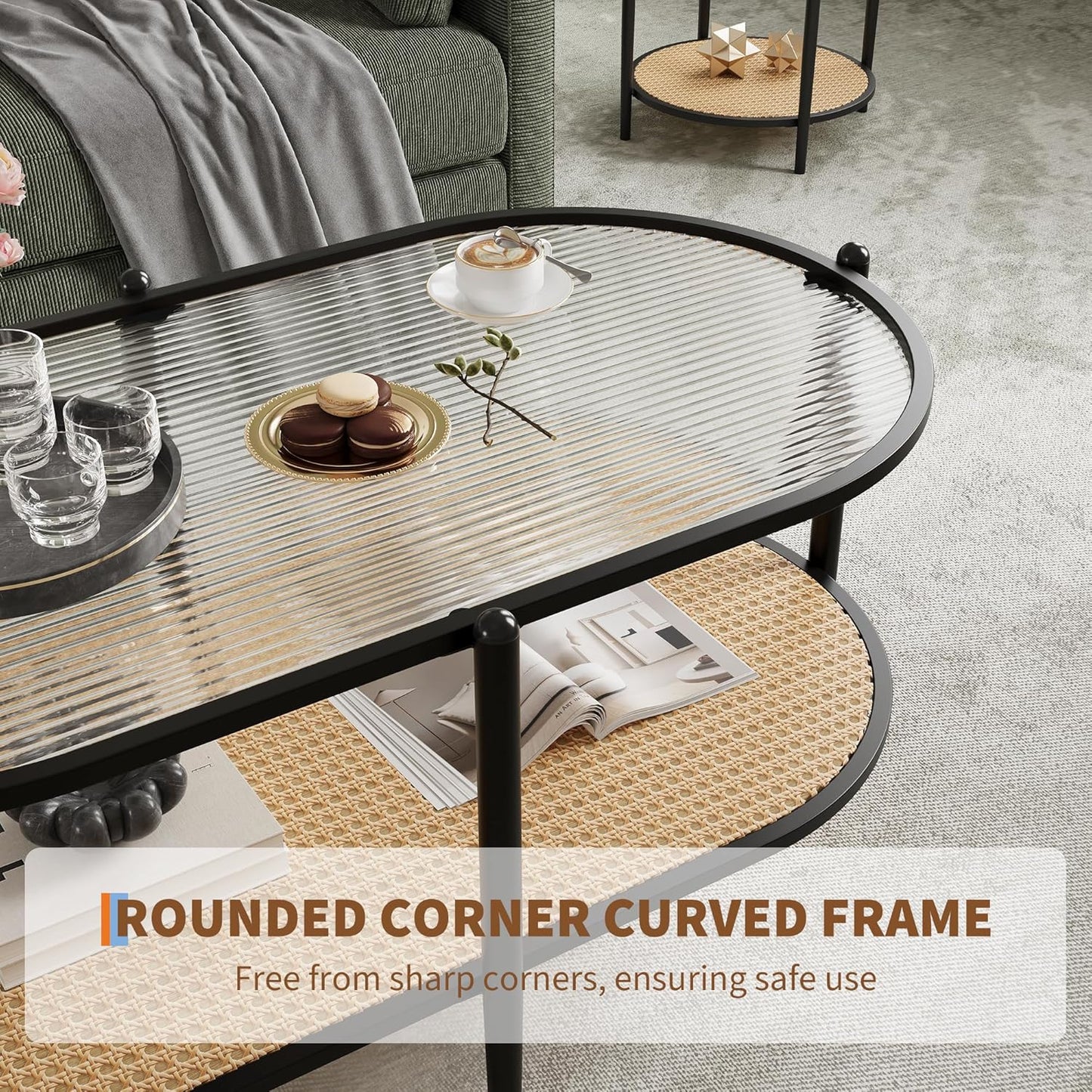 Garvee 2 Tier Oval Rattan Coffee Table 37.4 x 19.6 x 18.1", with Storage