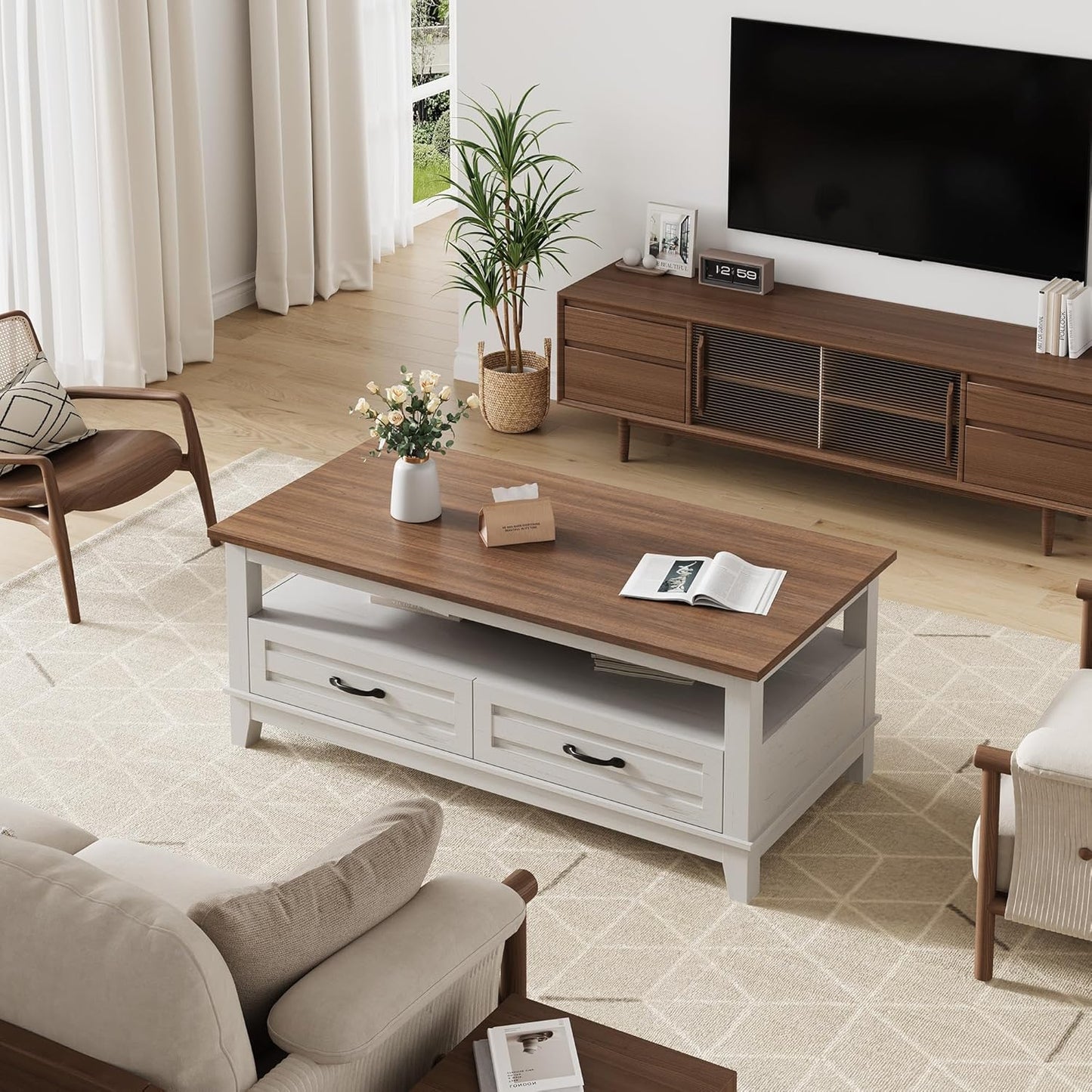 Garvee Farmhouse Coffee Table with 2 Drawers, 47.24 x 23.62 x 19", Open Shelf