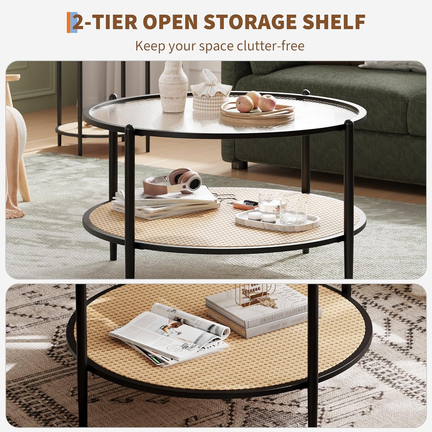 Garvee 2-Tier 30 inch Round Rattan Coffee Table with Storage