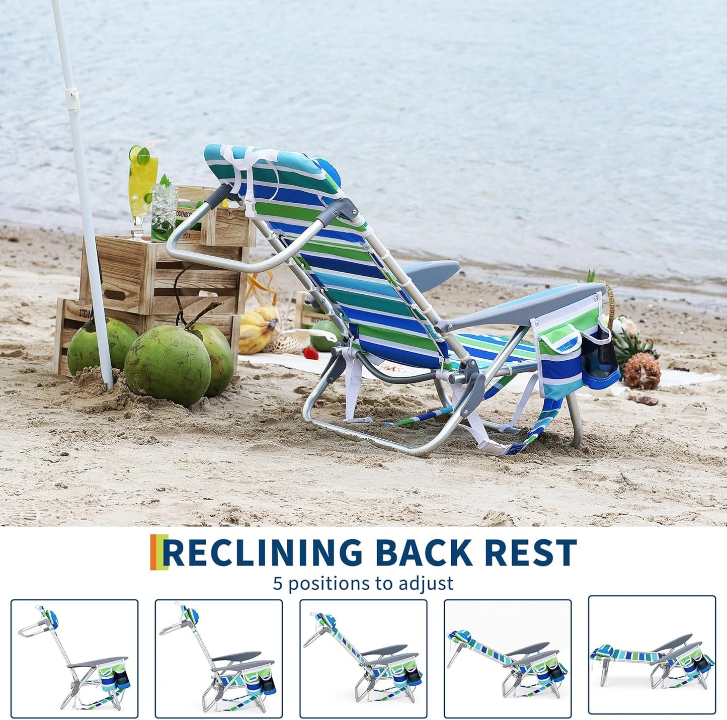 Riedhoff Folding Beach Chair 27 x 24 x 30", with Backpack Straps, Set of 2, Ocean Striped, Drawstring Style
