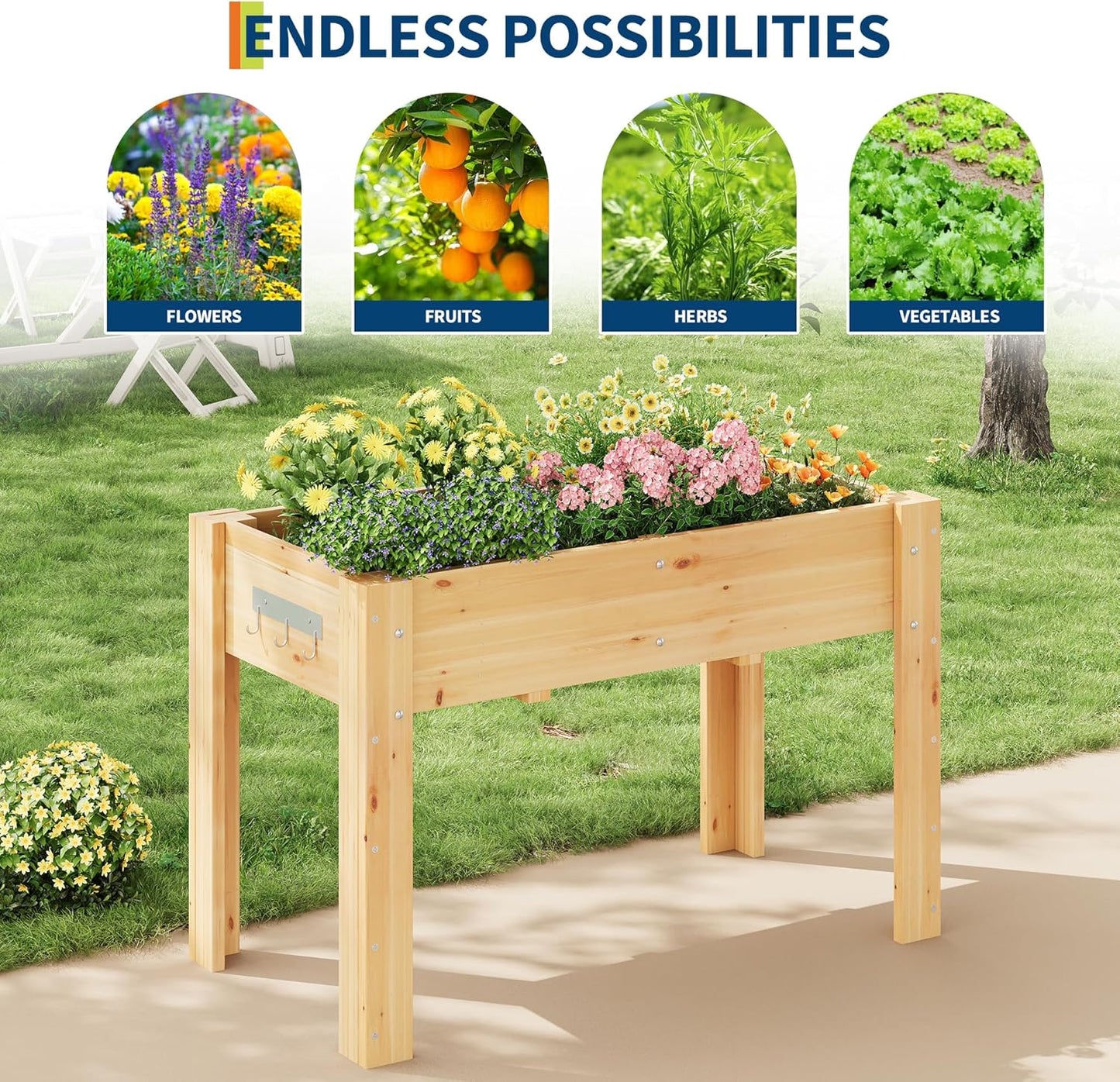 Garvee Wood Planter Box, Wooden Raised Garden Bed with Legs & Hooks, 46.06 x 23.1 x 30", Oak