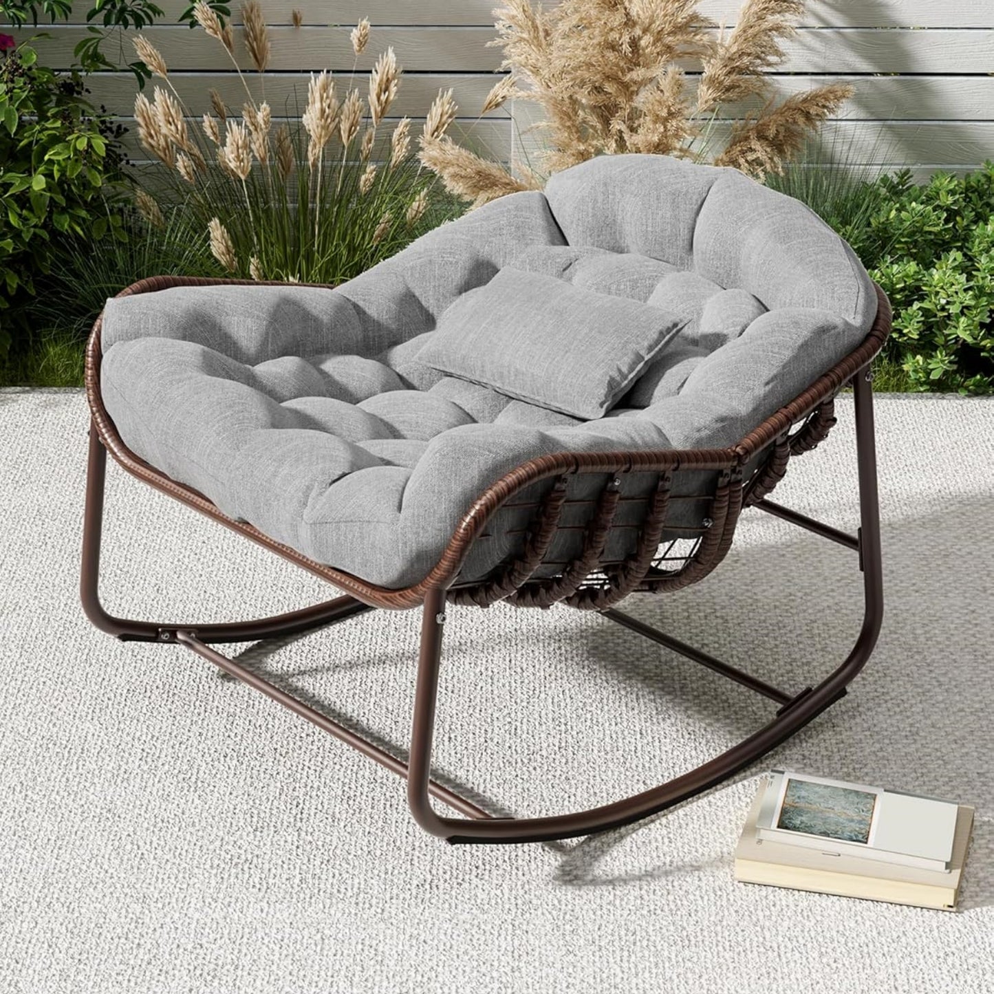 Garvee Outdoor Rocking Chair with Cushion, 36.6 x 33 x 25.2", Oversized Papasan Rocker