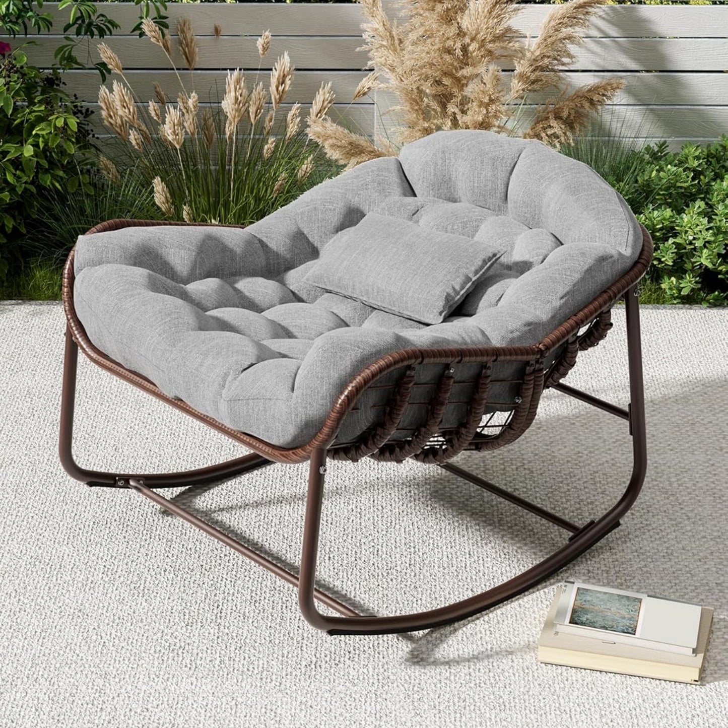 Garvee Outdoor Rocking Chair with Cushion, 36.6 x 33 x 25.2", Oversized Papasan Rocker