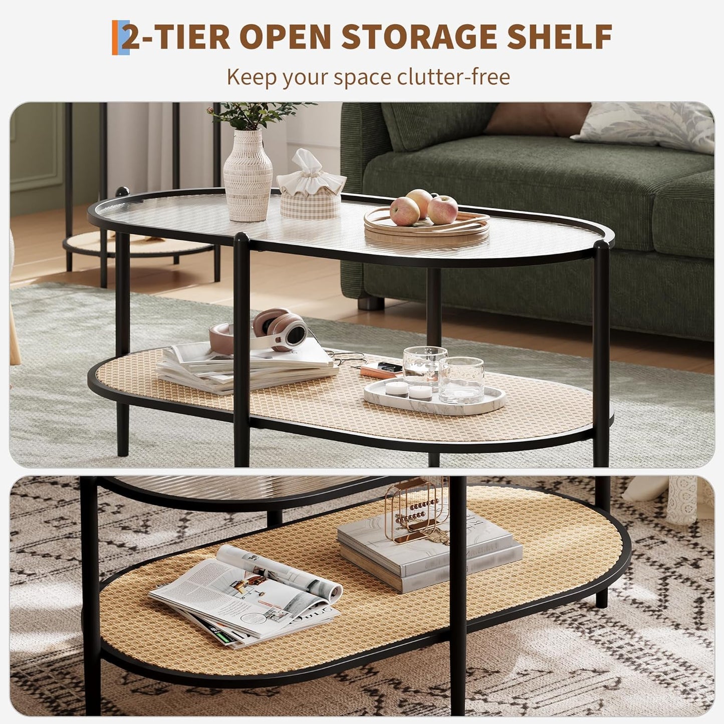 Garvee 2 Tier Oval Rattan Coffee Table 37.4 x 19.6 x 18.1", with Storage