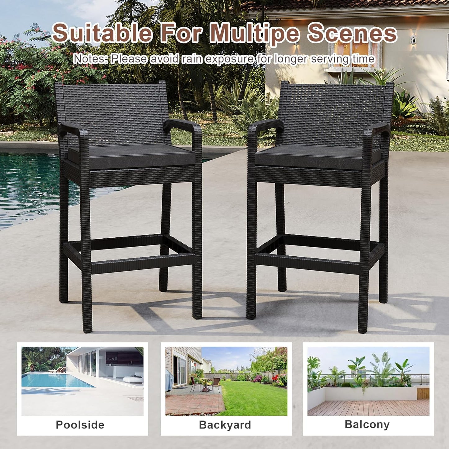 Garvee Patio Bar Stools Wicker Barstools, Set of 2, with Footrest & Armrest, 24.7 x 17.24 x 44.5"
