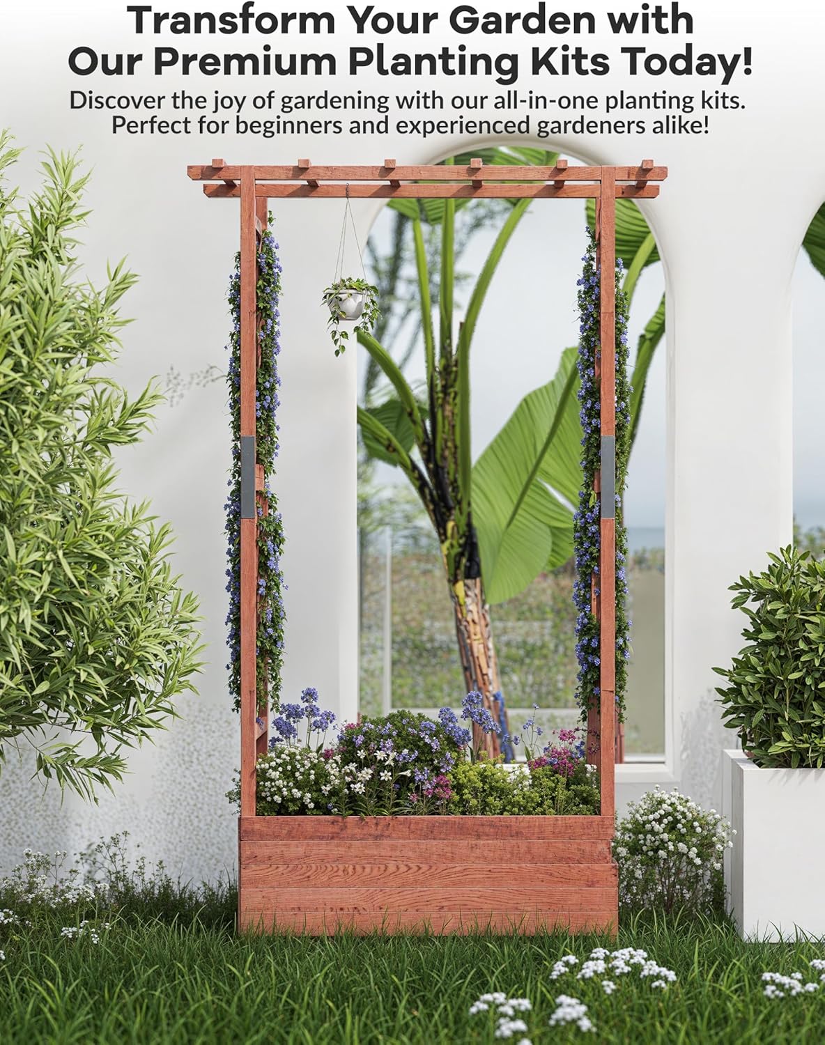 Riedhoff Wooden Raised Garden Bed with Trellis, Hanging Roof & Side Trellis