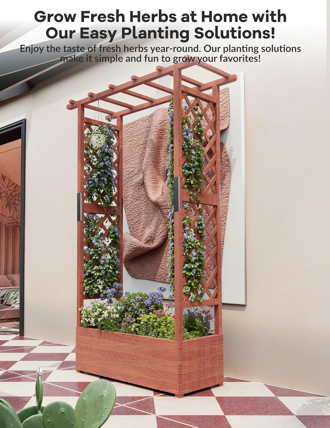 Riedhoff Wooden Raised Garden Bed with Trellis, Hanging Roof & Side Trellis