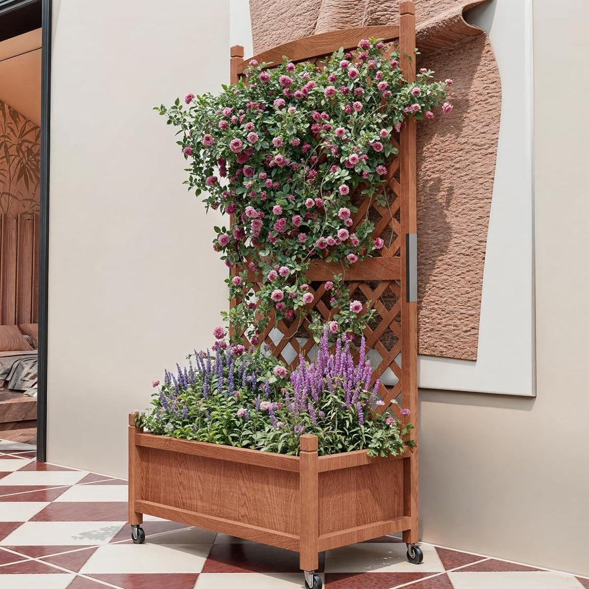 Garvee Cedar Garden Bed Set with Trellis, Drainage Holes & Wheels, 29.52 x 12.99 x 61.41 "