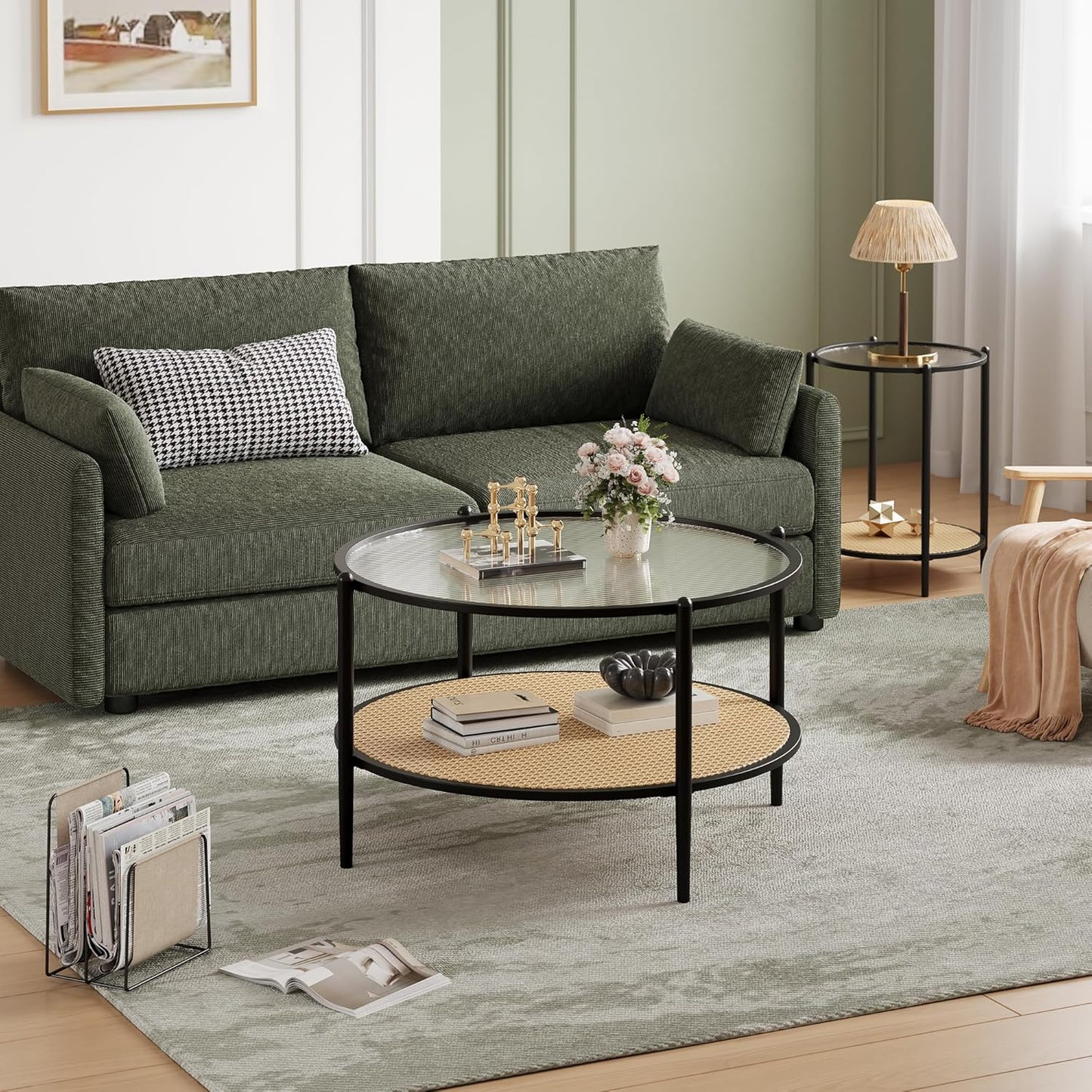 Garvee 2-Tier 30 inch Round Rattan Coffee Table with Storage