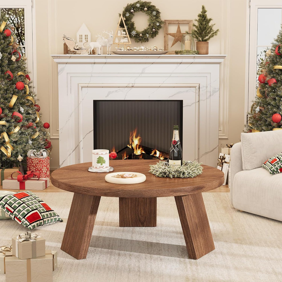 Riedhoff Farmhouse Round Coffee Table with 3 Strong Legs, 33.5'' x 33.5" x 15.7''
