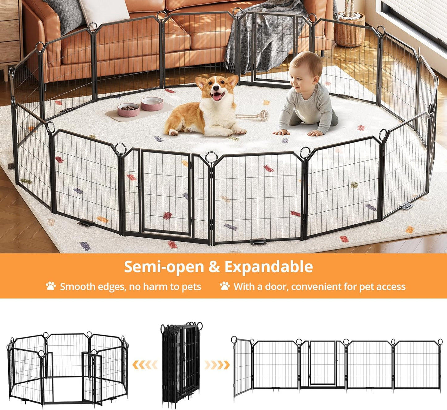 Garvee Metal Dog Playpen, Gate Included, Black