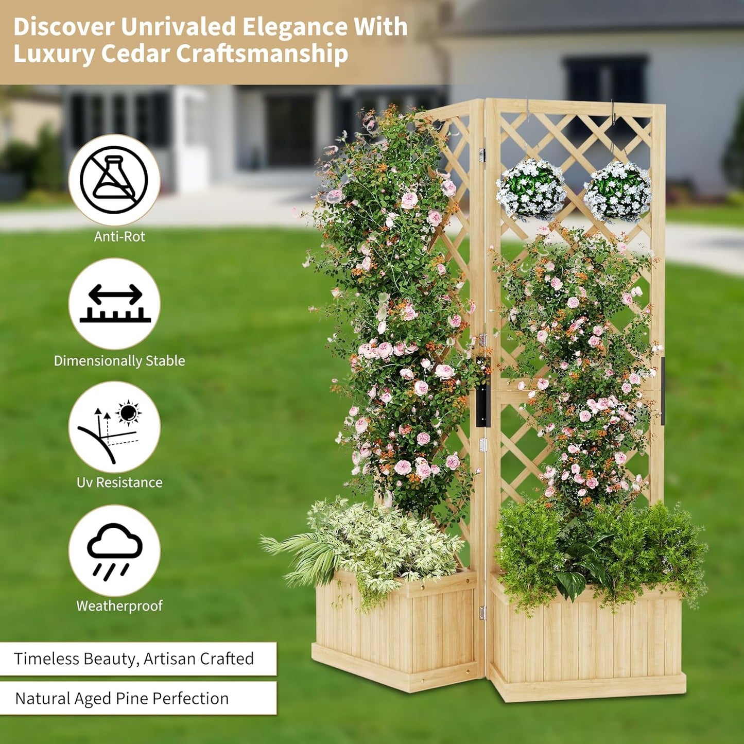 Riedhoff Outdoor Planter Boxes with 2 Privacy Screen, 41" x 10" x 65", Drain Holes, Natural