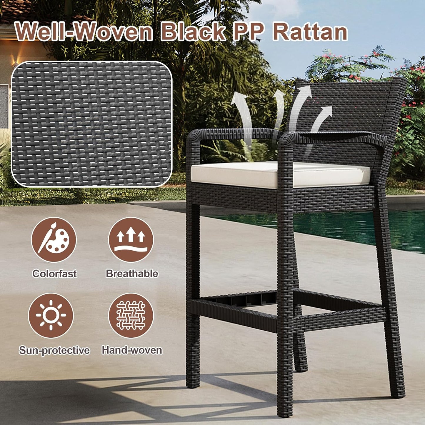 Garvee Patio Bar Stools Wicker Barstools, Set of 2, with Footrest & Armrest, 24.7 x 17.24 x 44.5"