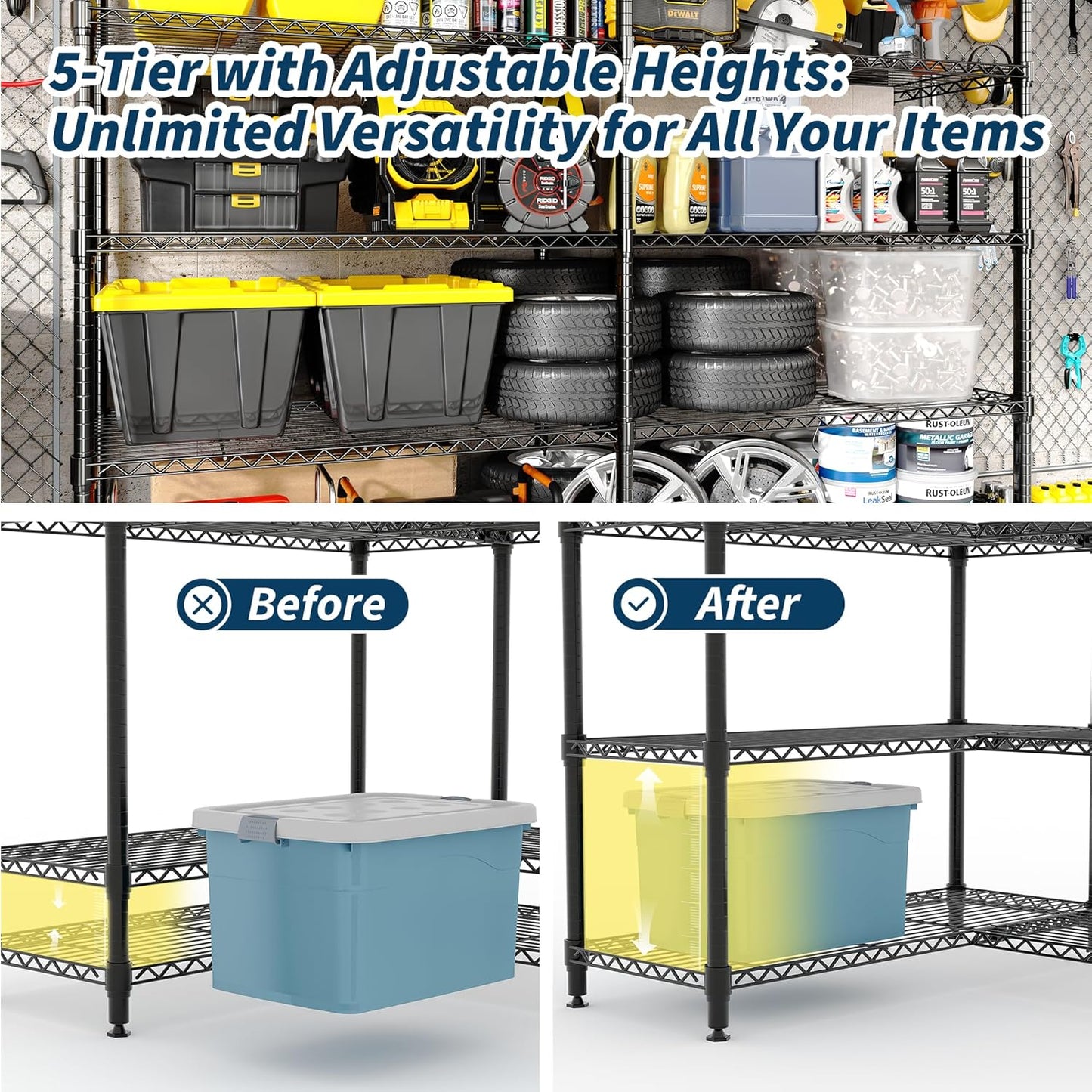 Garvee Metal Storage Shelves, Adjustable, H / L-shaped Shelf, Black