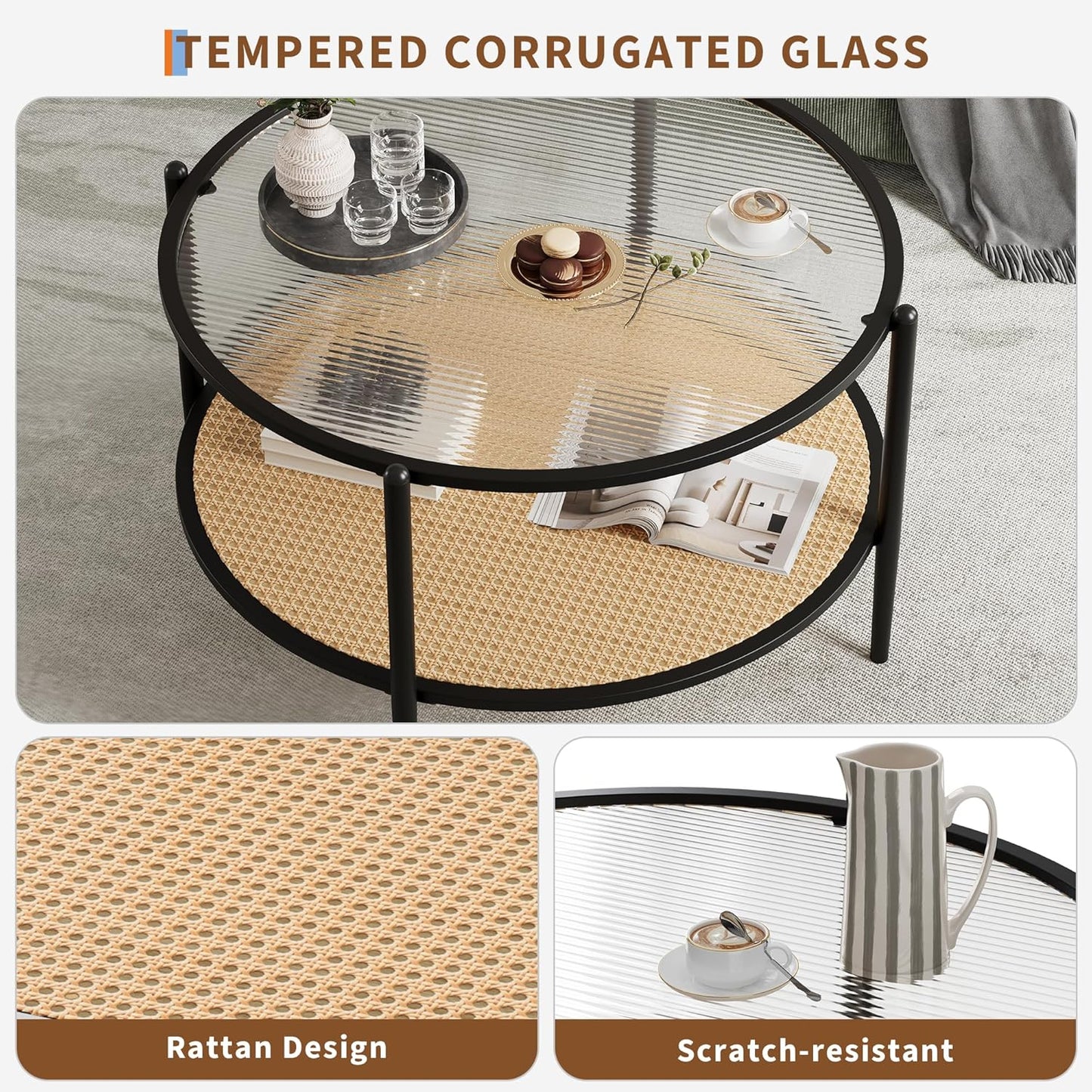 Garvee 2-Tier 30 inch Round Rattan Coffee Table with Storage