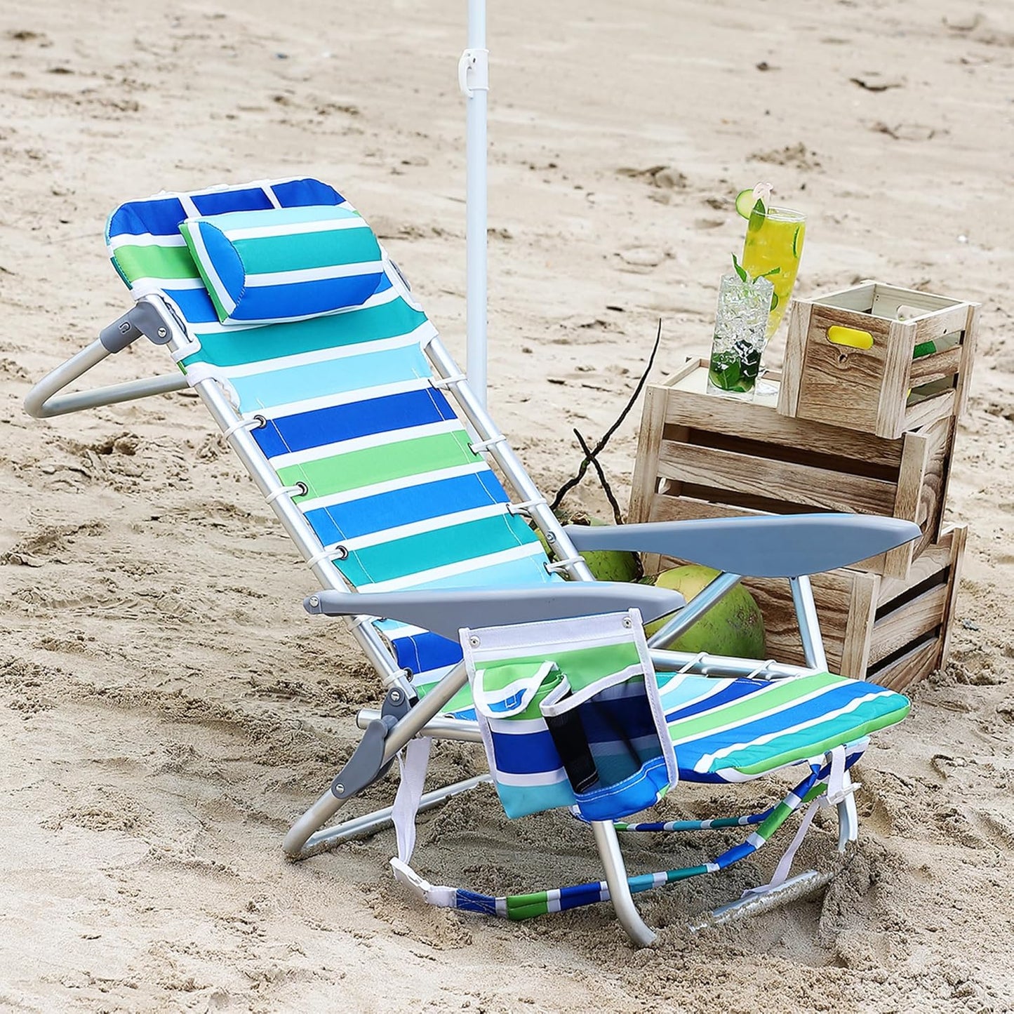 GARVEE Backpack Beach Chair, Cup Holders & Headrest, Set of 2, 24.4 x 25.2 x 29.92",Ocean Striped