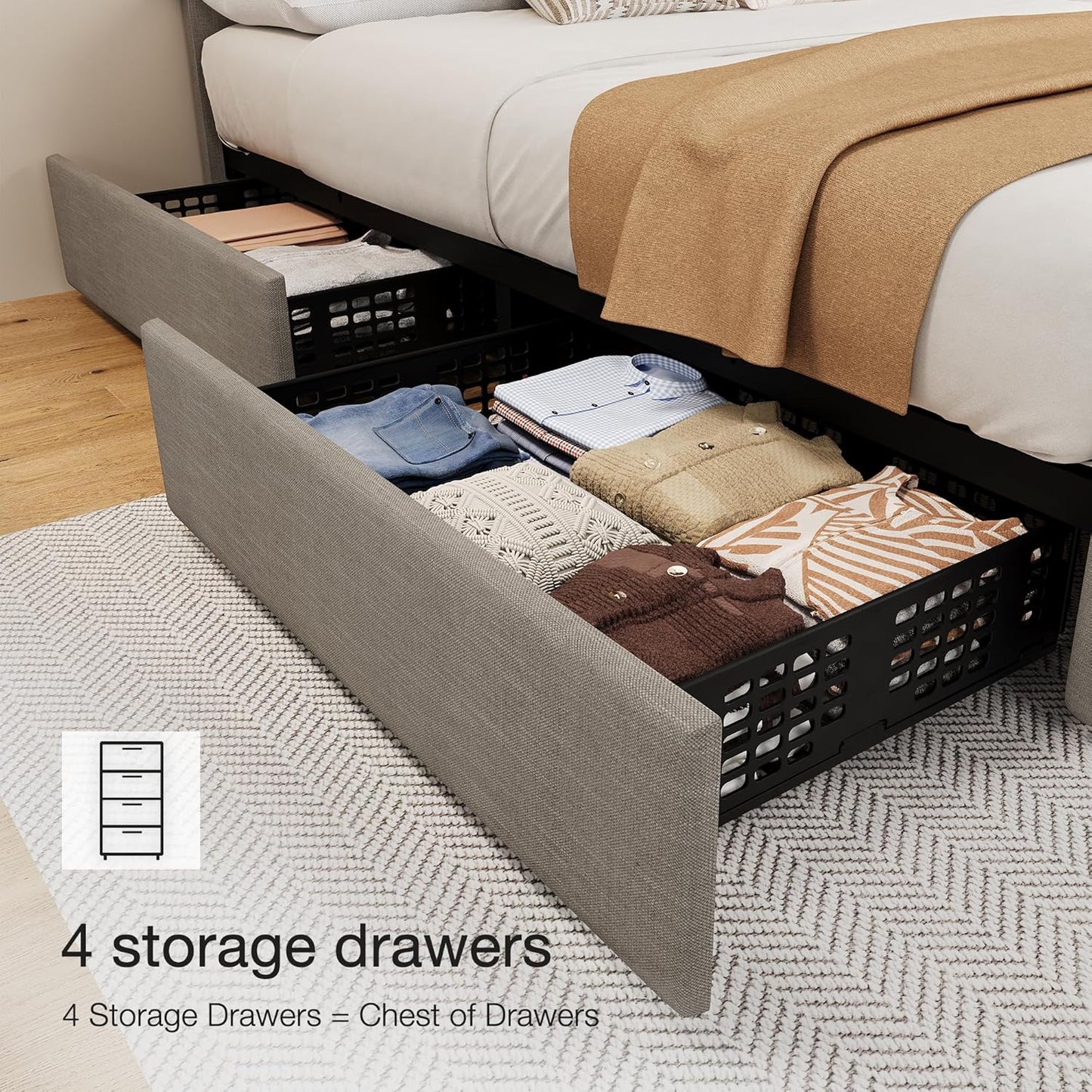 GARVEE Bed Frame with 4 Storage Drawers & Adjustable Headboard