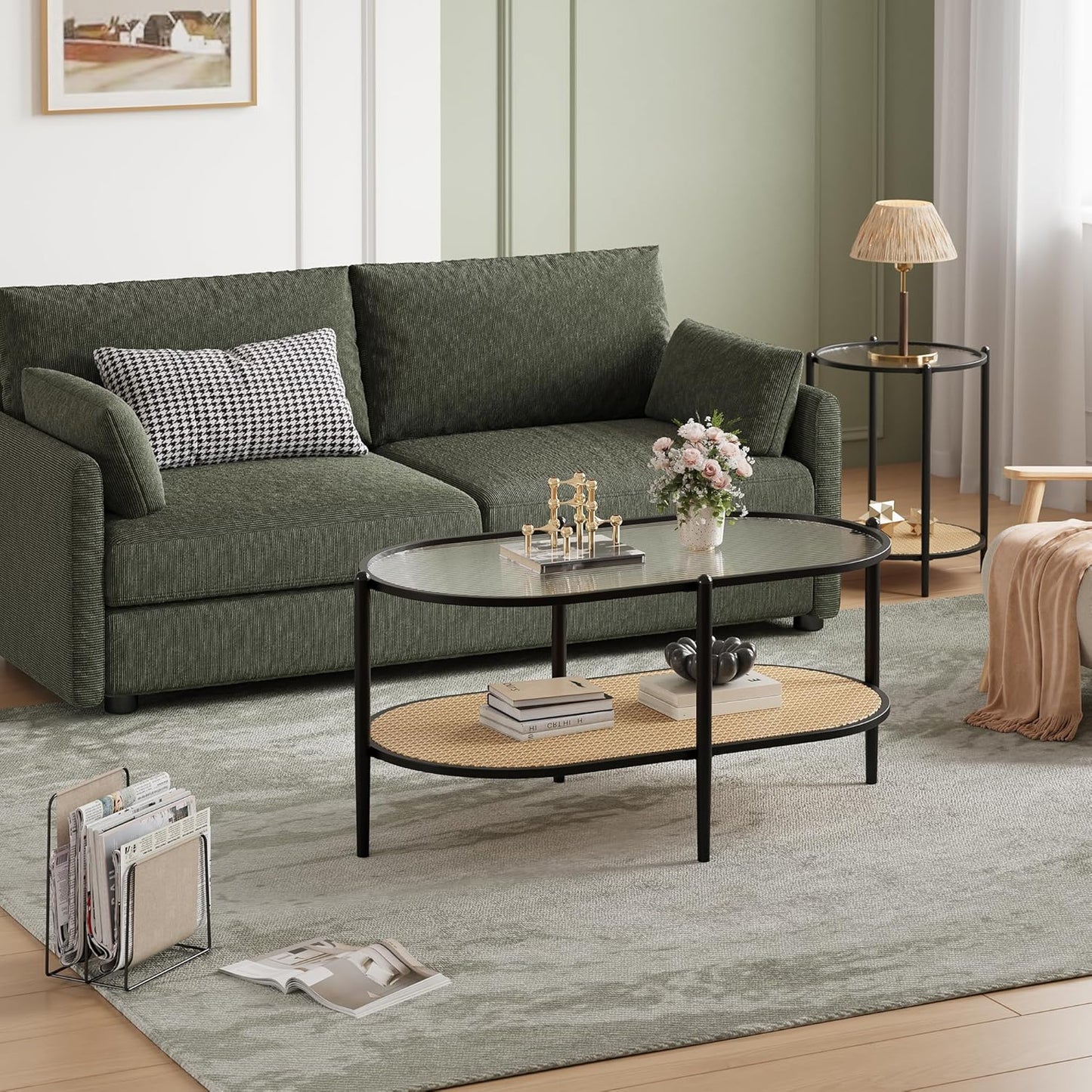 Garvee 2 Tier Oval Rattan Coffee Table 37.4 x 19.6 x 18.1", with Storage
