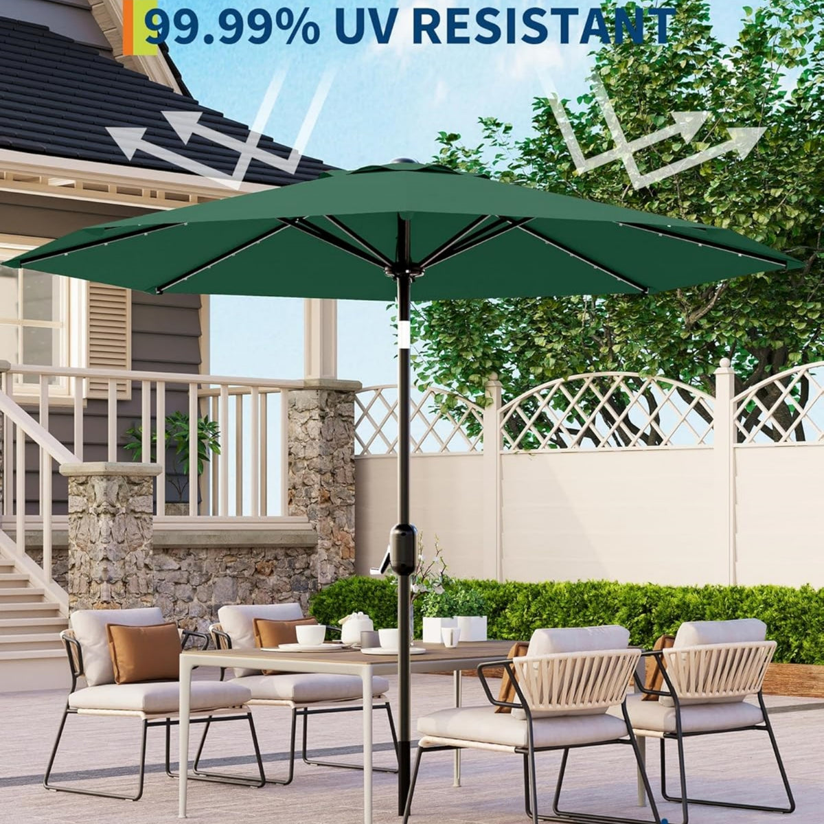 Riedhoff 9 feet Patio Umbrella with 32 LED Solar Lights, 8 Ribs, Tilt Crank