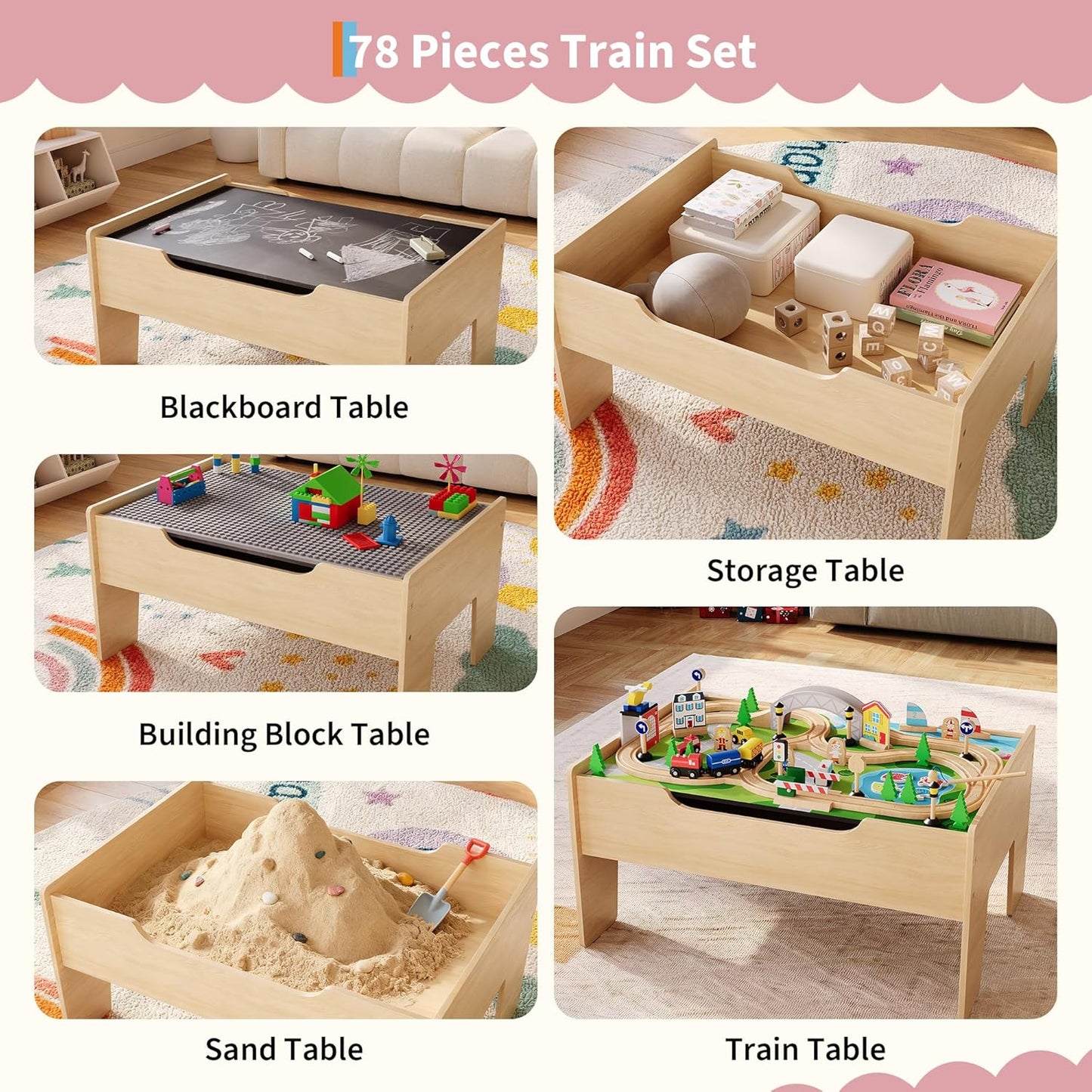 Garvee Wooden ﻿Train Table 31.5 x 22.44 x 15.75", 78 Multicolor Piece, for Toddlers 3+