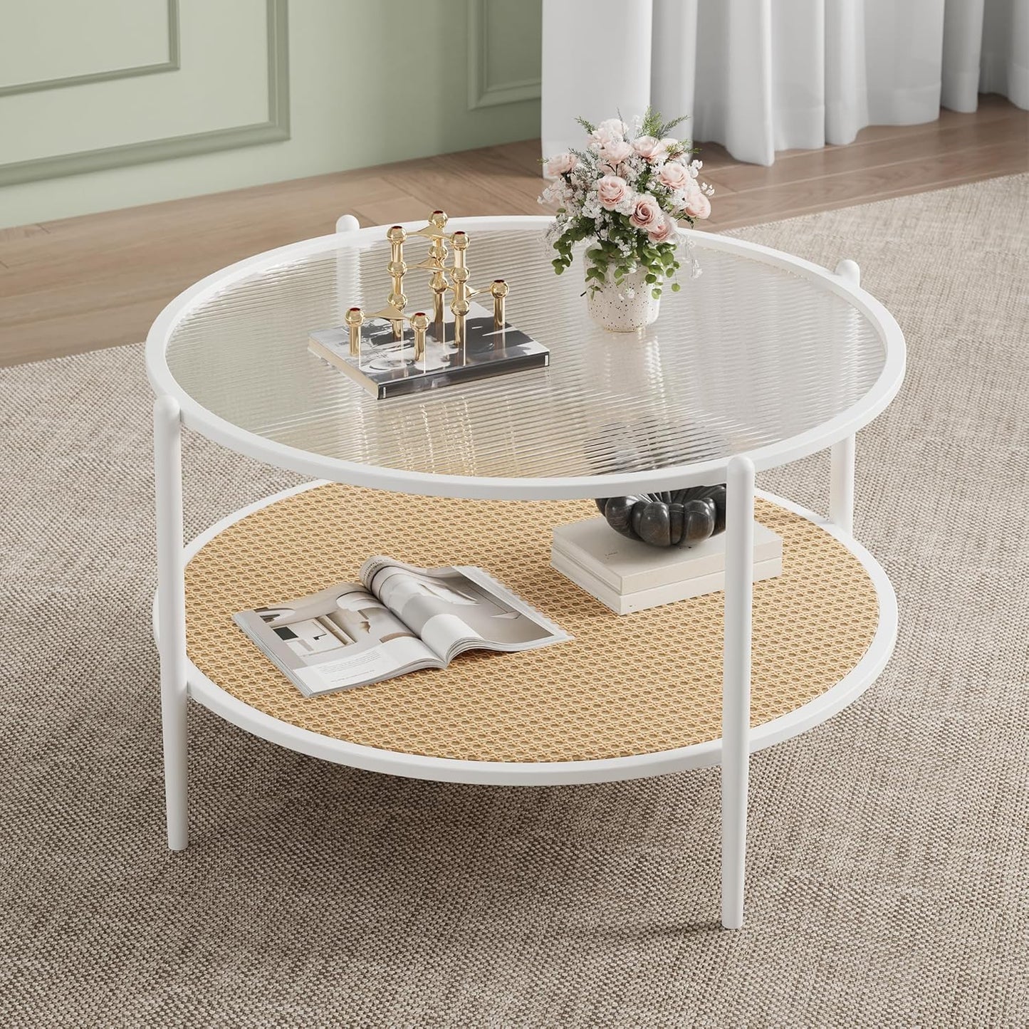 Garvee 2-Tier 30 inch Round Rattan Coffee Table with Storage