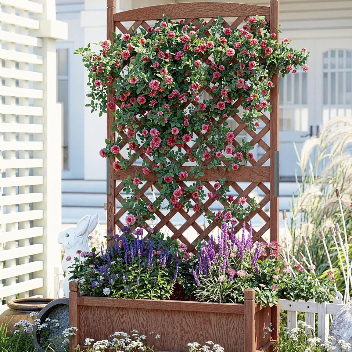 Garvee Cedar Garden Bed Set with Trellis, Drainage Holes & Wheels, 29.52 x 12.99 x 61.41 "