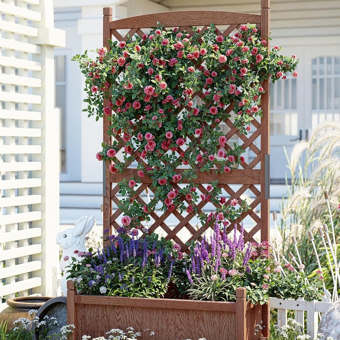 Garvee Cedar Garden Bed Set with Trellis, Drainage Holes & Wheels, 29.52 x 12.99 x 61.41 "
