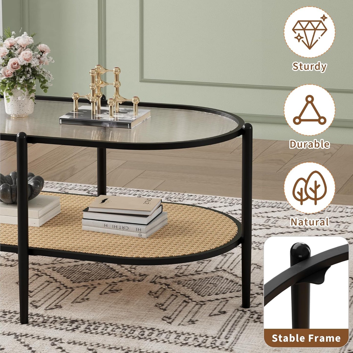 Garvee 2 Tier Oval Rattan Coffee Table 37.4 x 19.6 x 18.1", with Storage