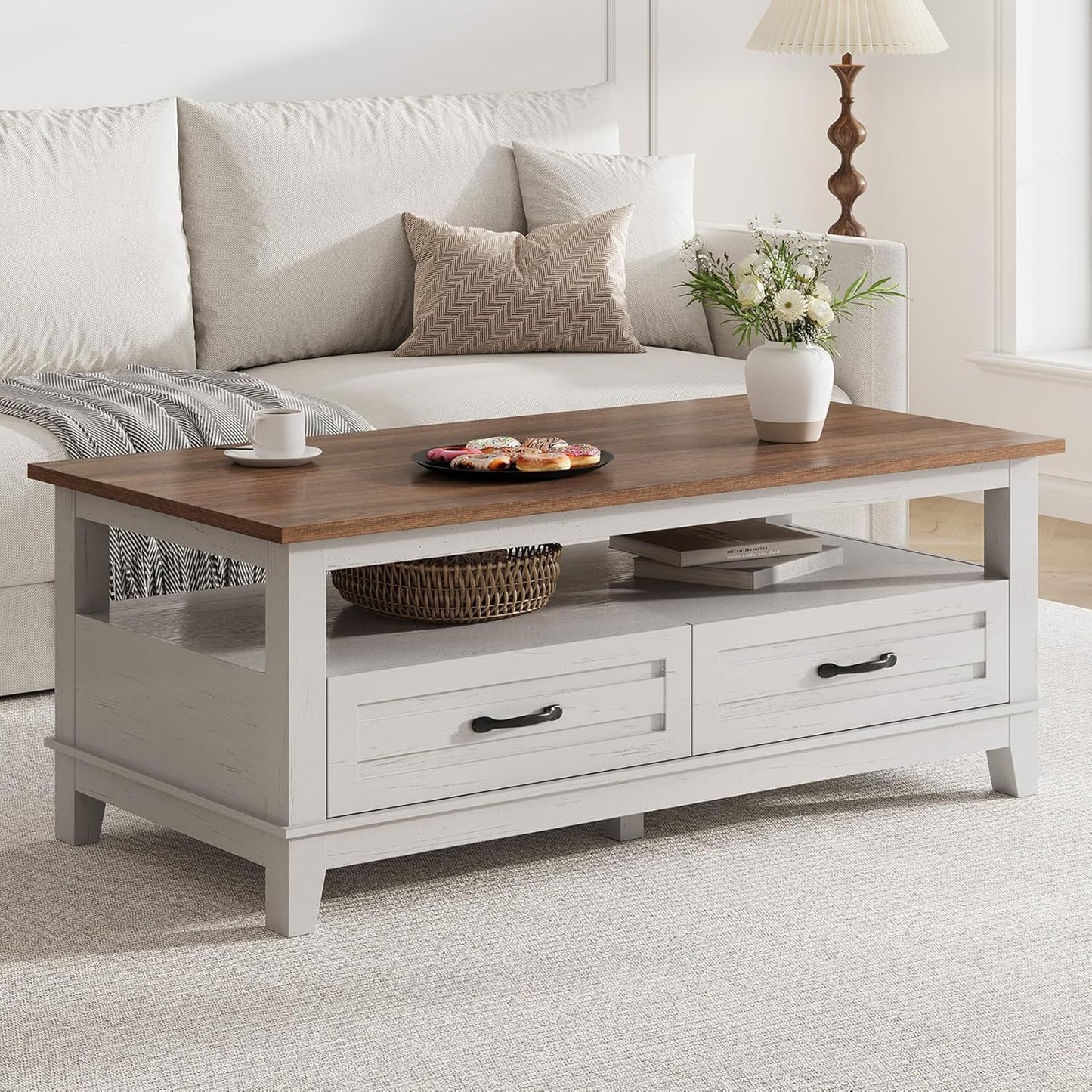 Garvee Farmhouse Coffee Table with 2 Drawers, 47.24 x 23.62 x 19", Open Shelf