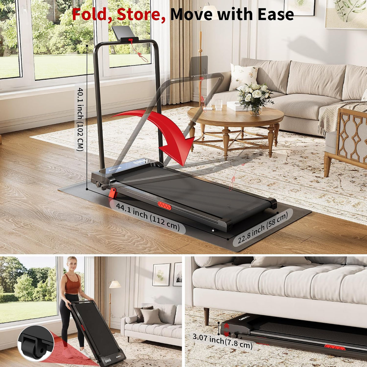 Riedhoff Folding Walking Pad Treadmill for Home, 3.0 HP Under Desk Treadmill with Smart APP