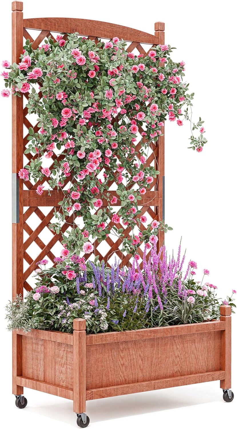 Garvee Cedar Garden Bed Set with Trellis, Drainage Holes & Wheels, 29.52 x 12.99 x 61.41 "