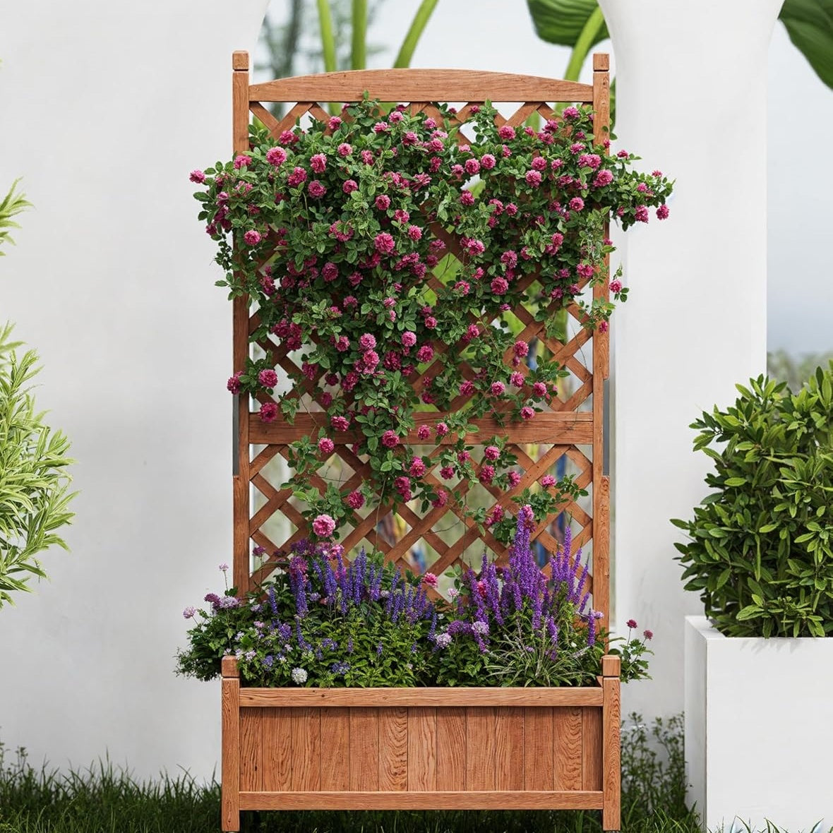 Garvee Cedar Garden Bed Set with Trellis, Drainage Holes & Wheels, 29.52 x 12.99 x 61.41 "