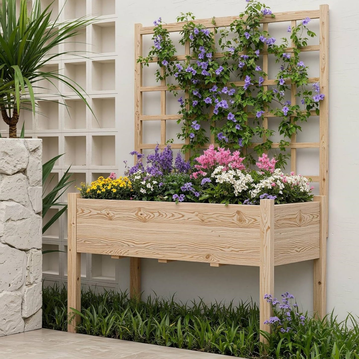 Garvee Wooden Planter Boxes with Trellis & Legs 46.46 x 23.23 x 65.36 inch, Oak