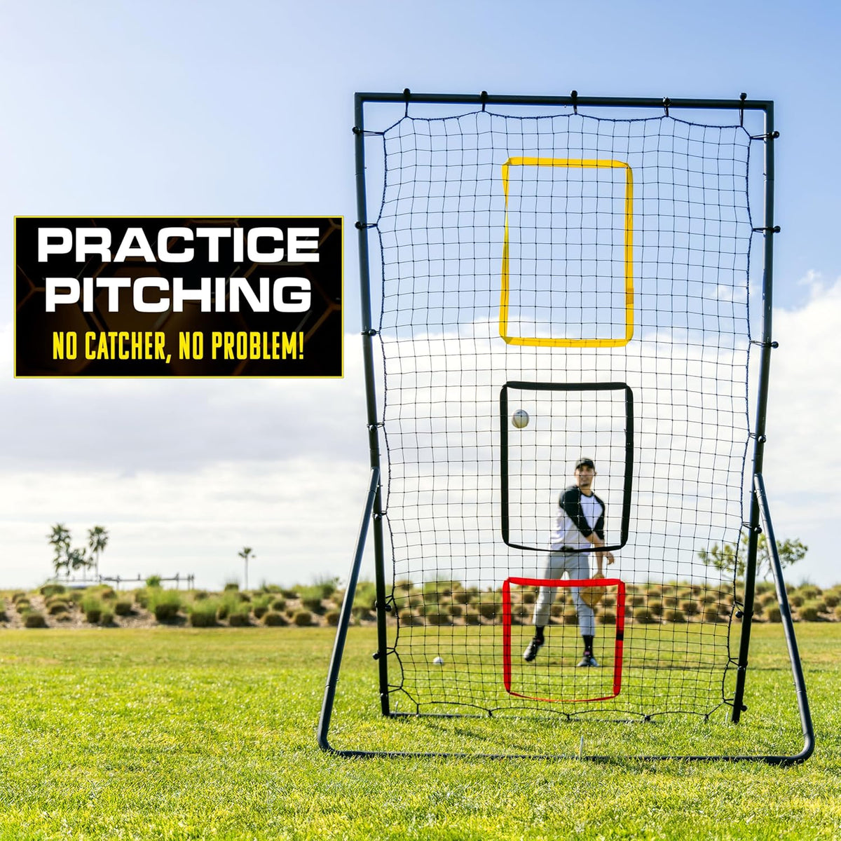 Riedhoff Pitch Back Net 6 x 4 ft, Pitching & Fielding Rebounder for Baseball & Softball, 3 Target Zones, Black