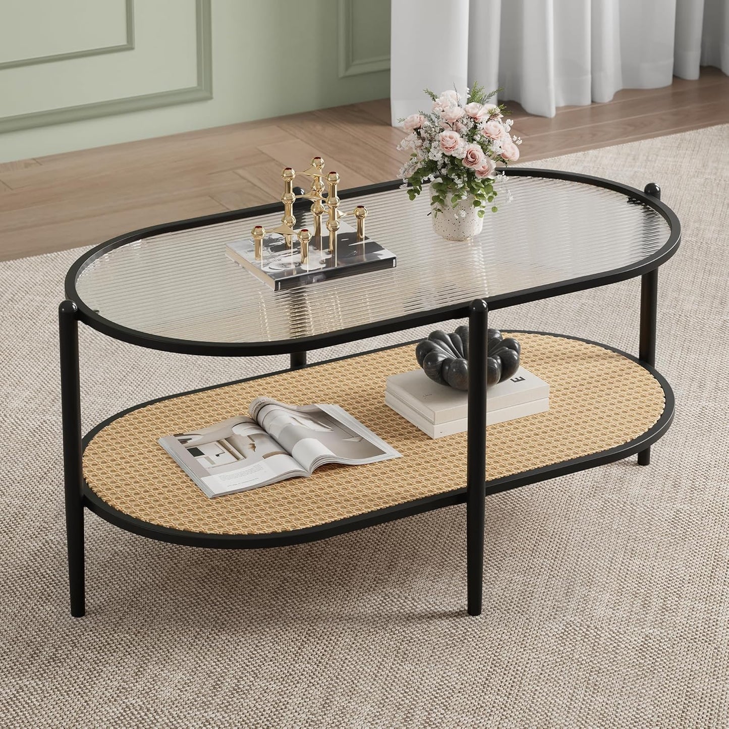 Garvee 2 Tier Oval Rattan Coffee Table 37.4 x 19.6 x 18.1", with Storage
