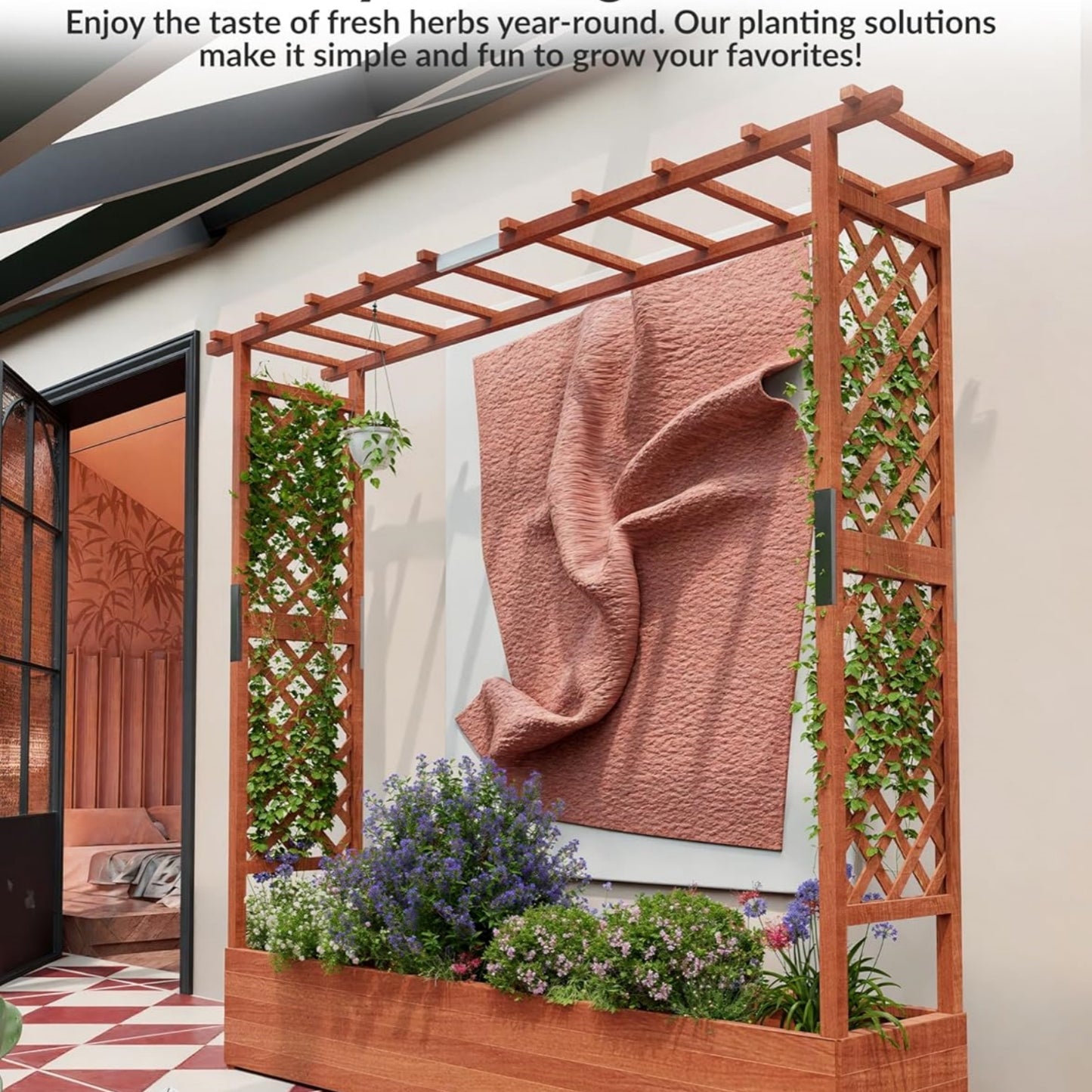 Riedhoff Wooden Raised Garden Bed with Trellis, Hanging Roof & Side Trellis