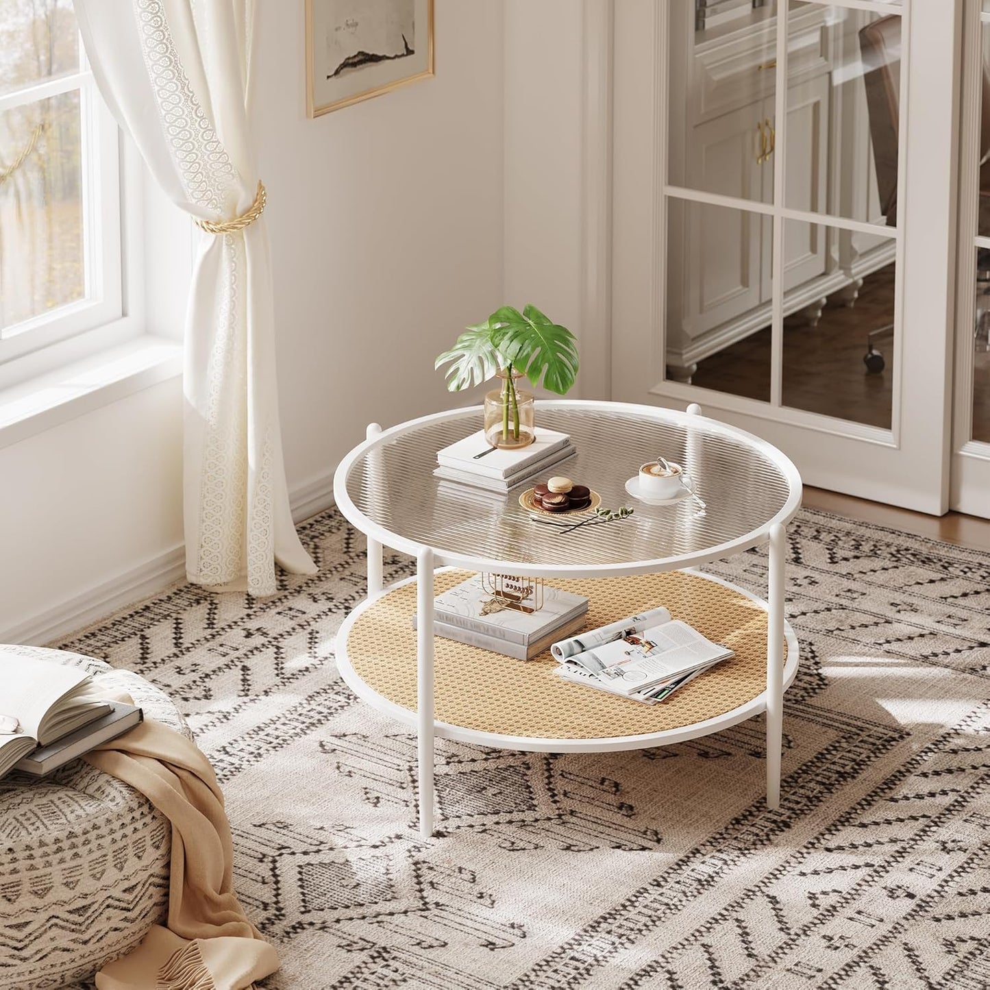 Garvee 2-Tier 30 inch Round Rattan Coffee Table with Storage