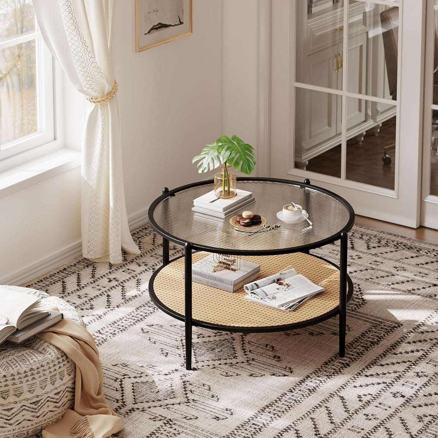 Garvee 2-Tier 30 inch Round Rattan Coffee Table with Storage