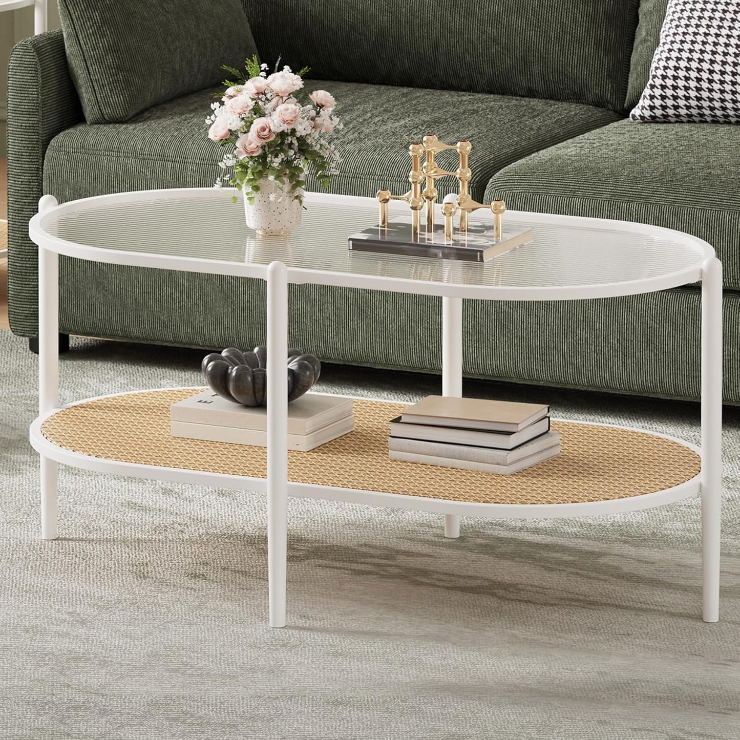 Garvee 2 Tier Oval Rattan Coffee Table 37.4 x 19.6 x 18.1", with Storage
