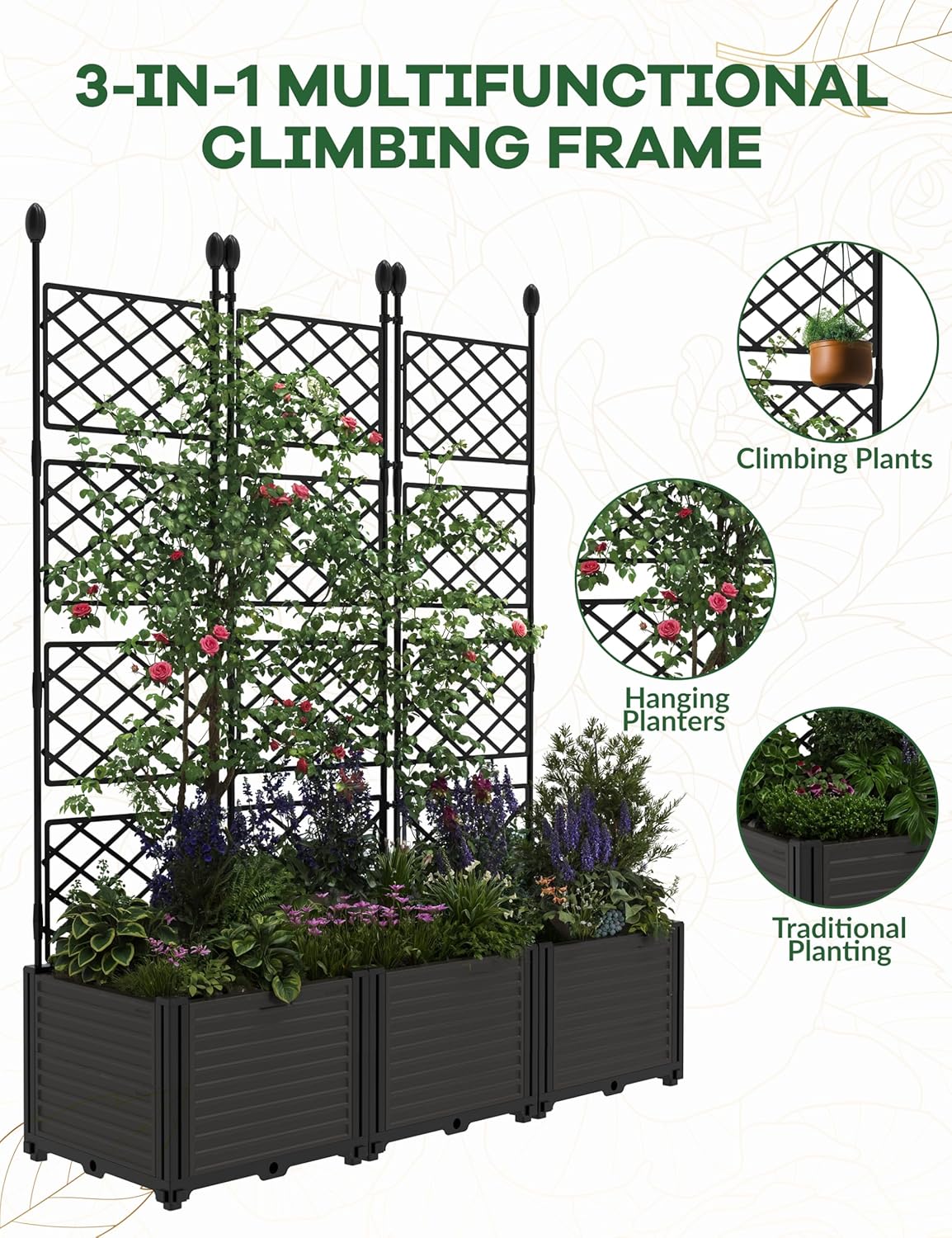 Riedhoff Planter Boxes Set with Trellises, 3 Planter Boxes & Trellis Screen, 48.8 x 16.2 x 62.99", Black