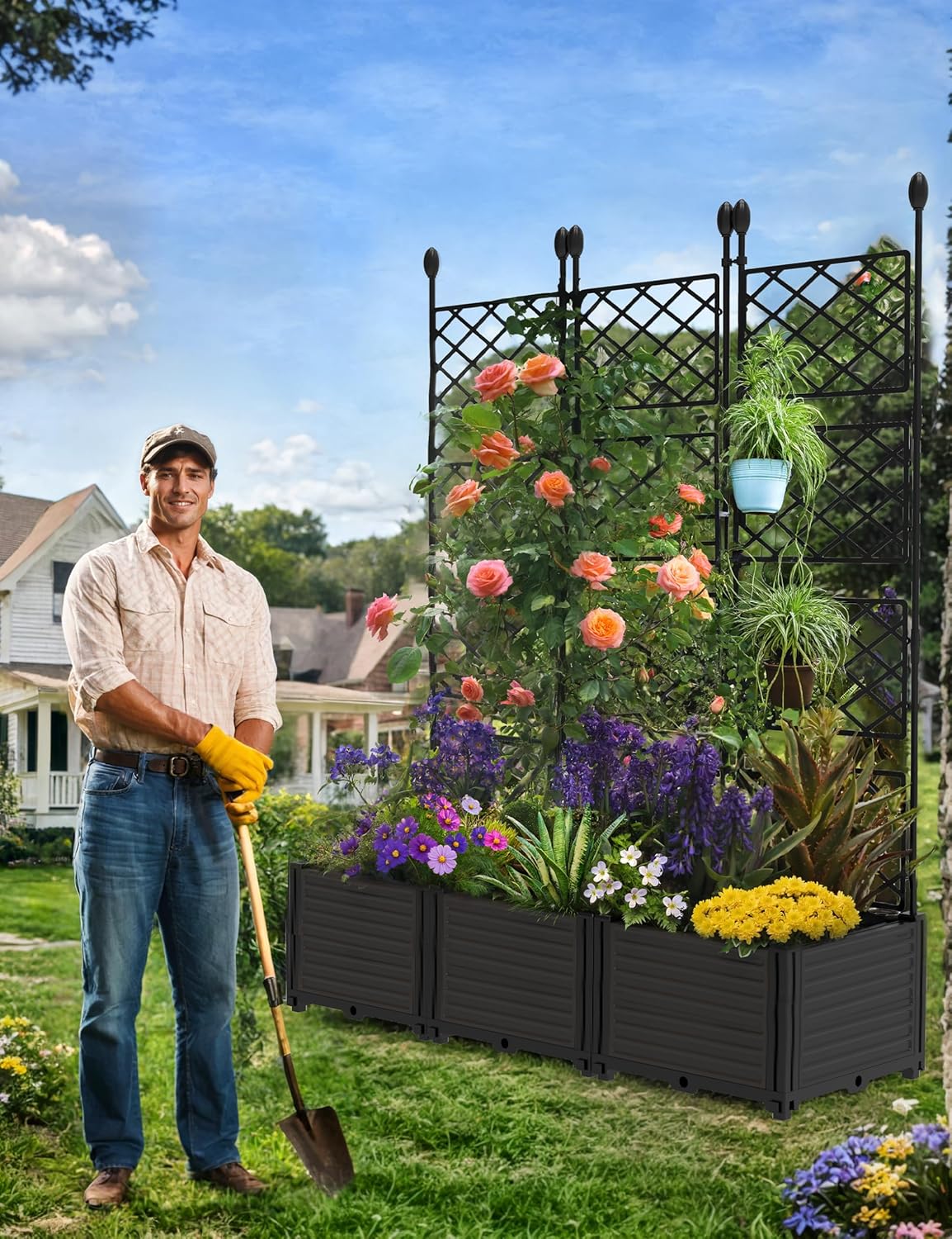 Garvee Planter Boxes Set with Trellises, Black